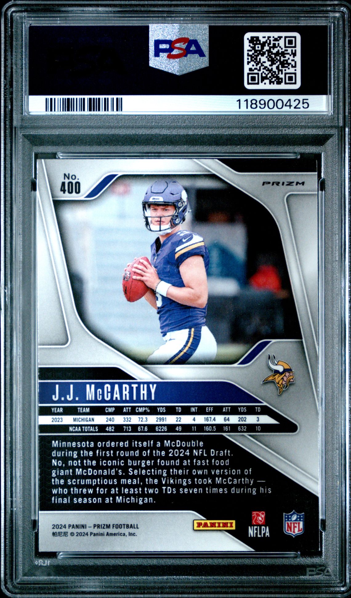 2024 Panini Prizm Jj Mccarthy #400 (Lazer Prizm) Mint 9 back
