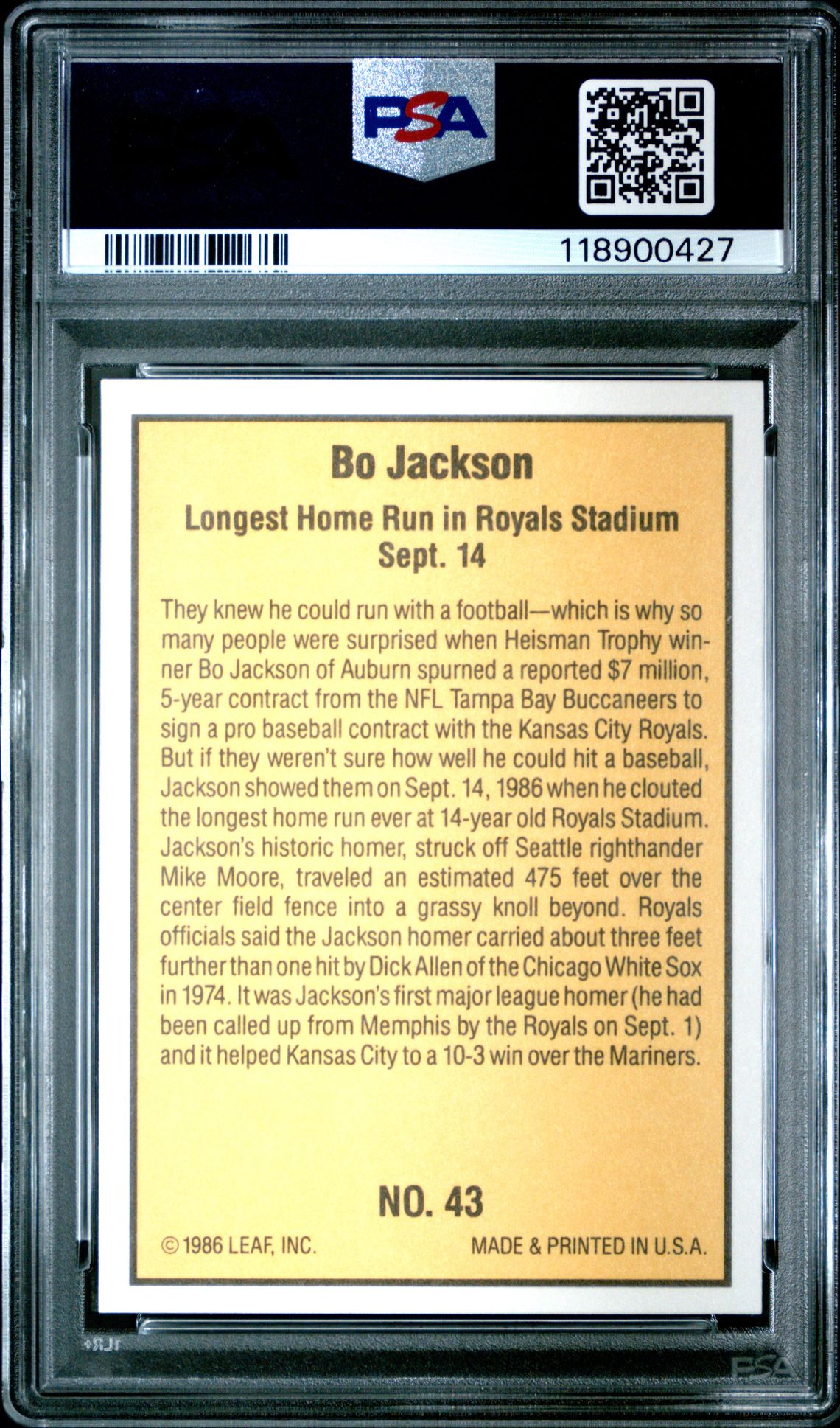 1986 Donruss Highlights Bo Jackson #43 Gem Mt 10 back