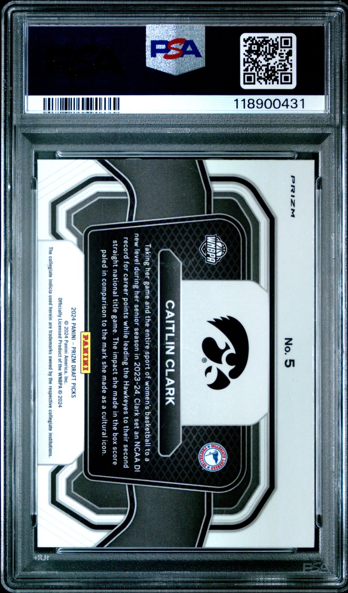 2024 Panini Prizm Draft Picks Campus Legends Caitlin Clark #5 (Campus Legend-Orange Ice) Gem Mt 10 back view - PSA certificate #118900431