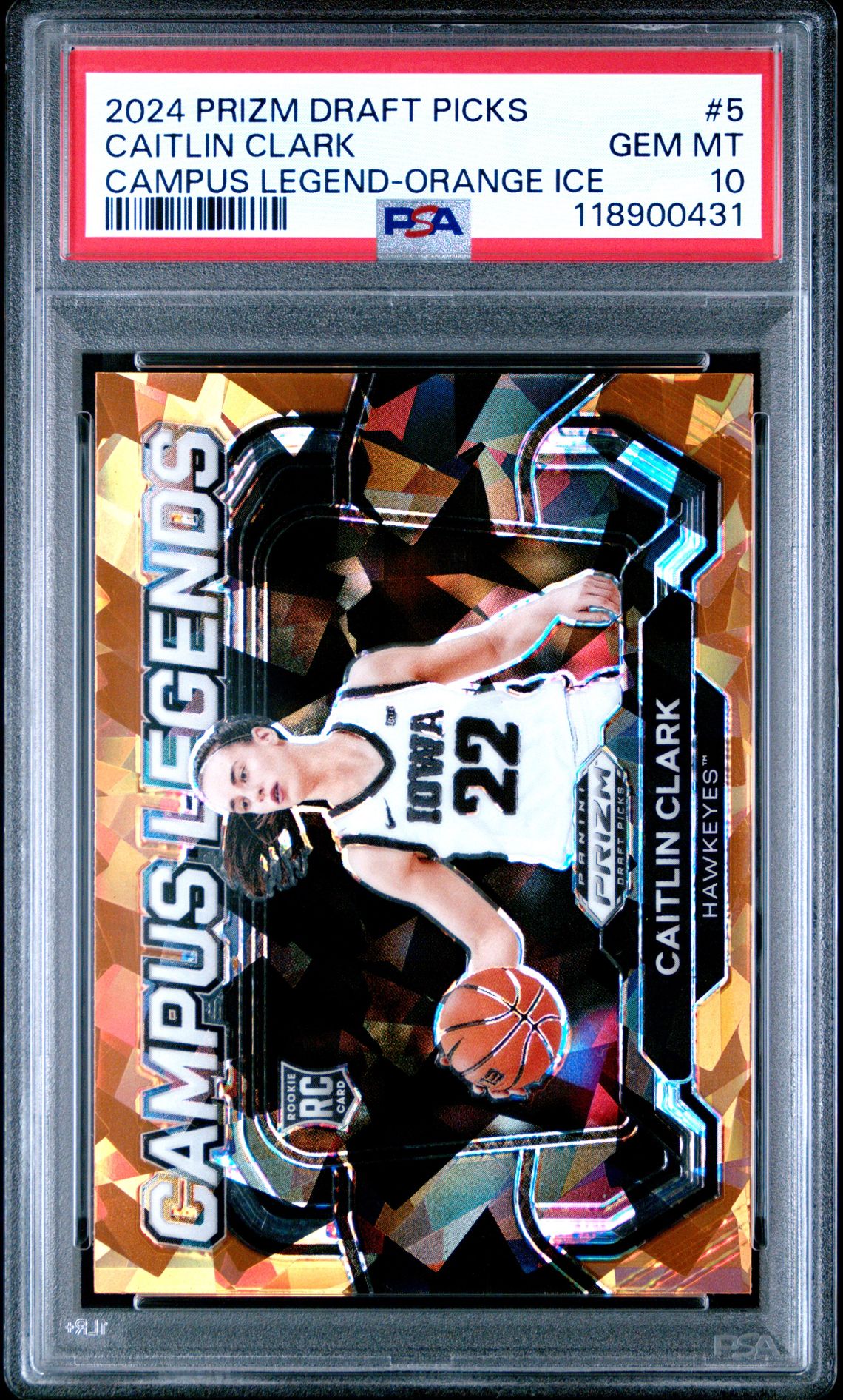 2024 Panini Prizm Draft Picks Campus Legends Caitlin Clark #5 (Campus Legend-Orange Ice) Gem Mt 10 front view - PSA graded GEM MT 10
