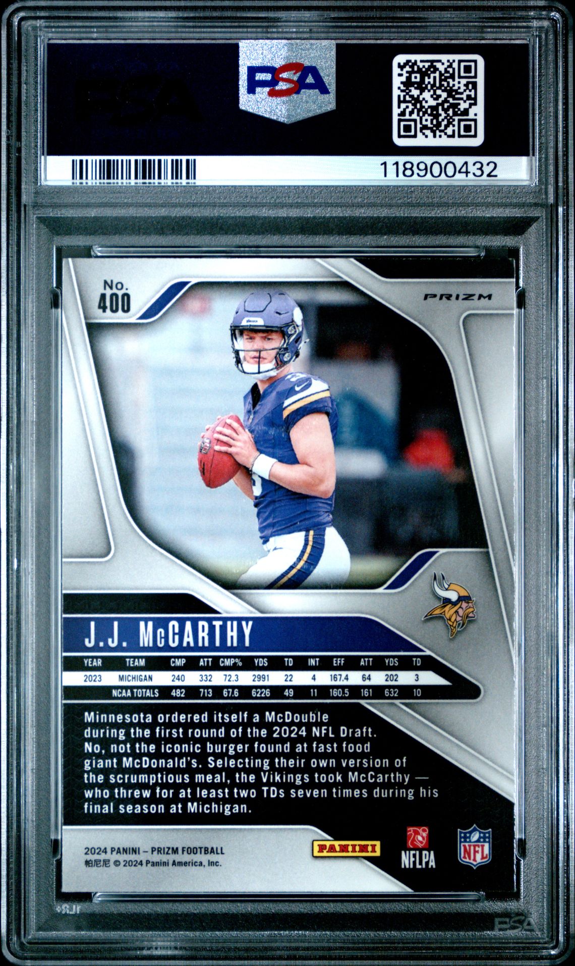 2024 Panini Prizm Jj Mccarthy #400 (Lazer Prizm) Mint 9 back