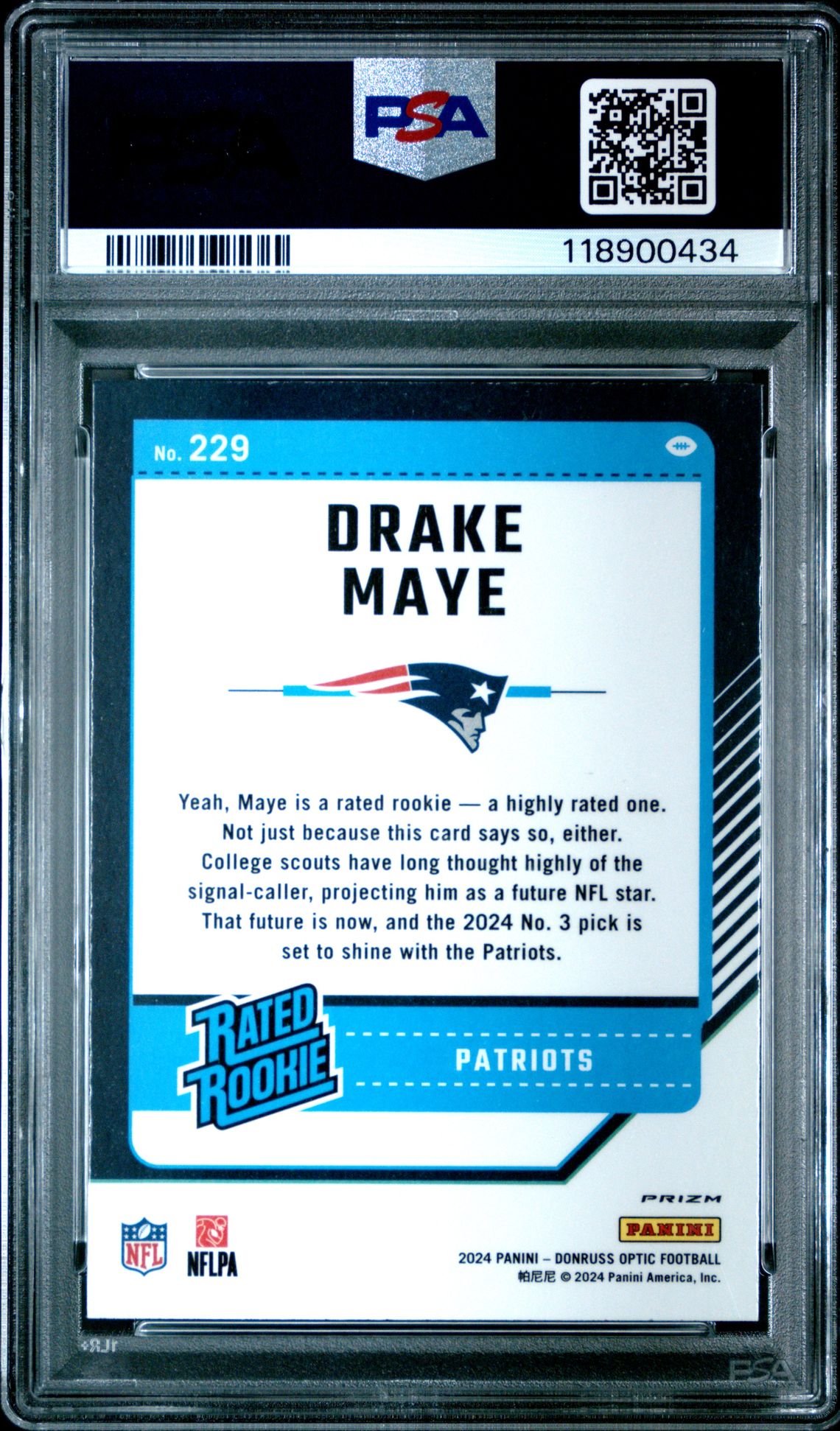 2024 Panini Donruss Optic Drake Maye #229 (Holo) Mint 9 back