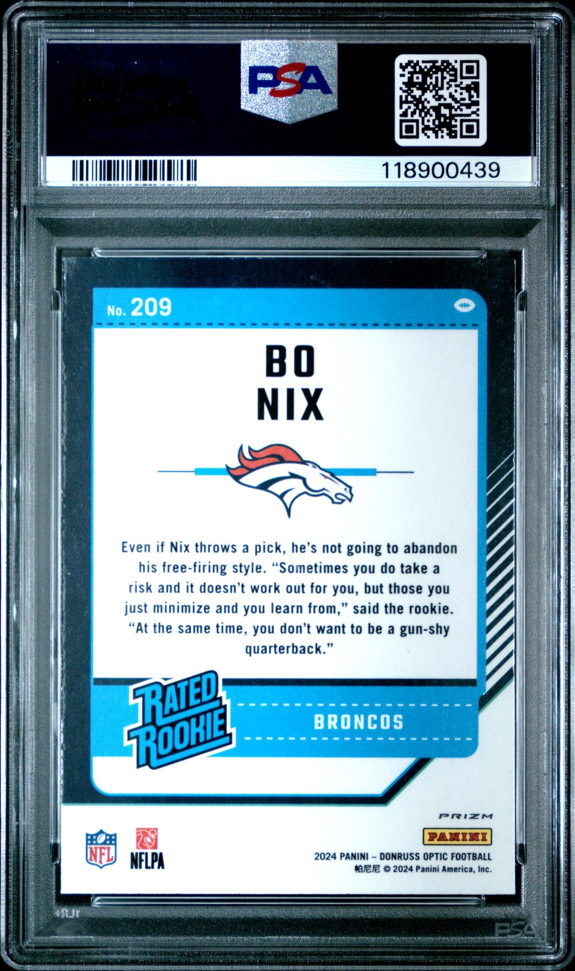 2024 Panini Donruss Optic Bo Nix #209 (Purple Shock) Gem Mt 10 back