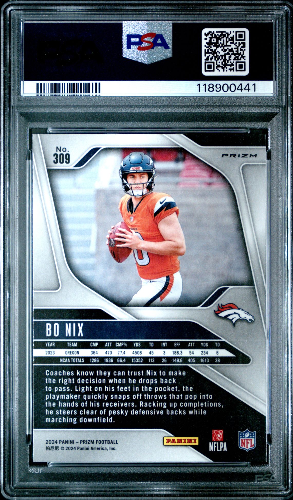 2024 Panini Prizm Bo Nix #309 (Lazer Prizm) Mint 9 back