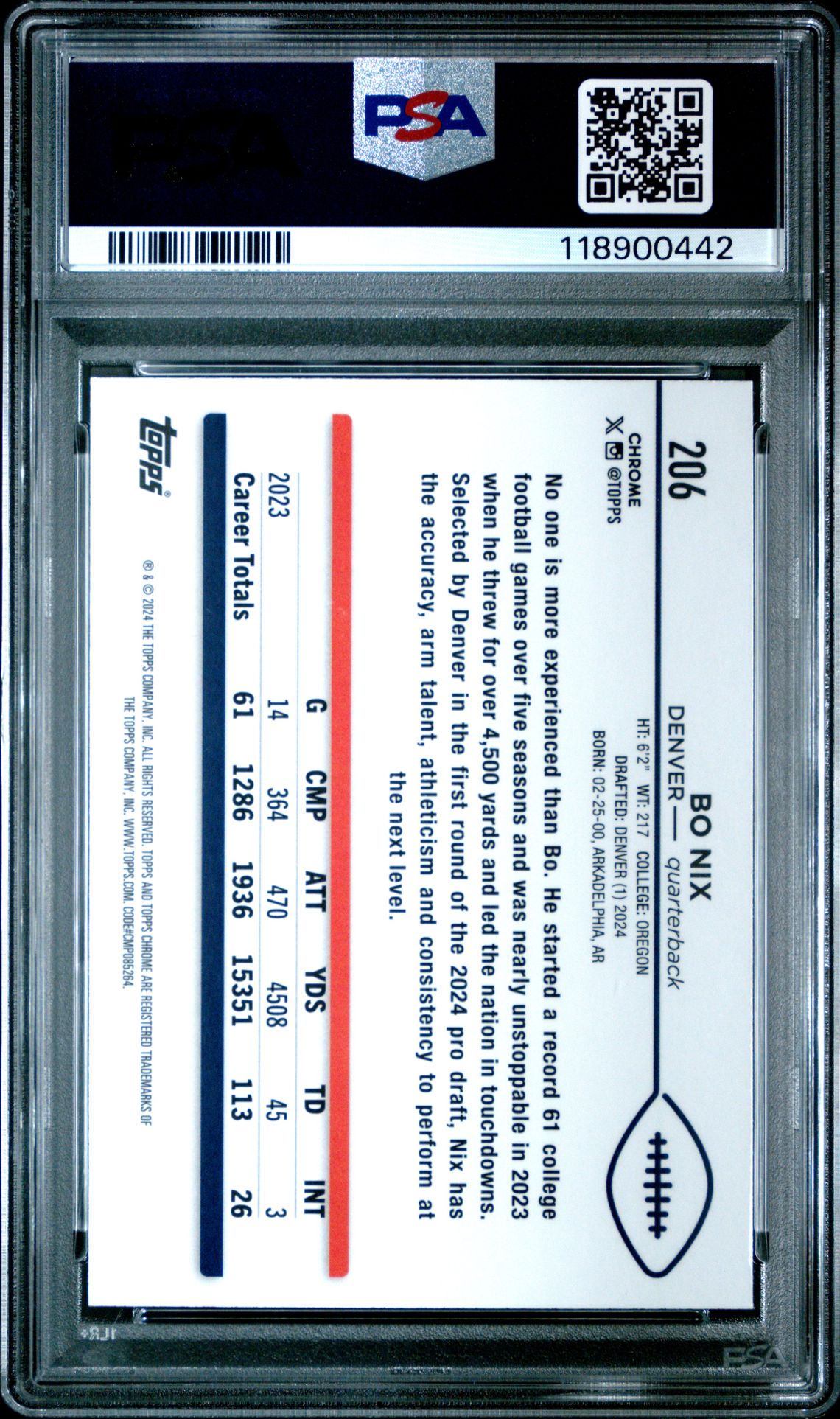 2024 Topps Chrome Bo Nix #206 (Sepia Refractor) Gem Mt 10 back