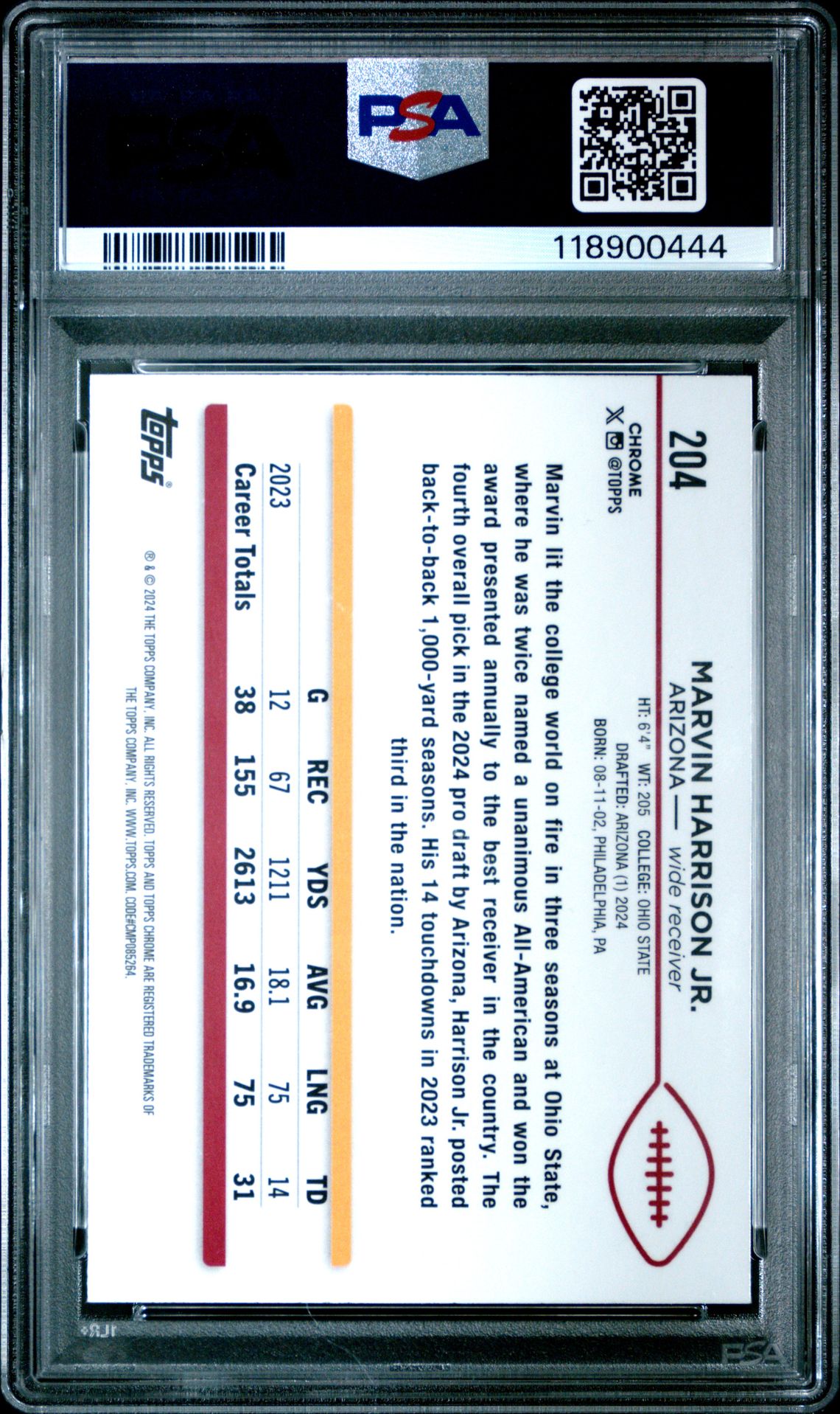 2024 Topps Chrome Marvin Harrison Jr. #204 (Negative Refractor) Nm-Mt 8 back