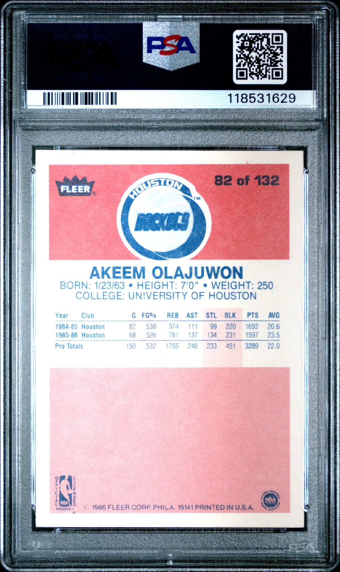 1986 Fleer Akeem Olajuwon #82 Ex-Mt 6 back