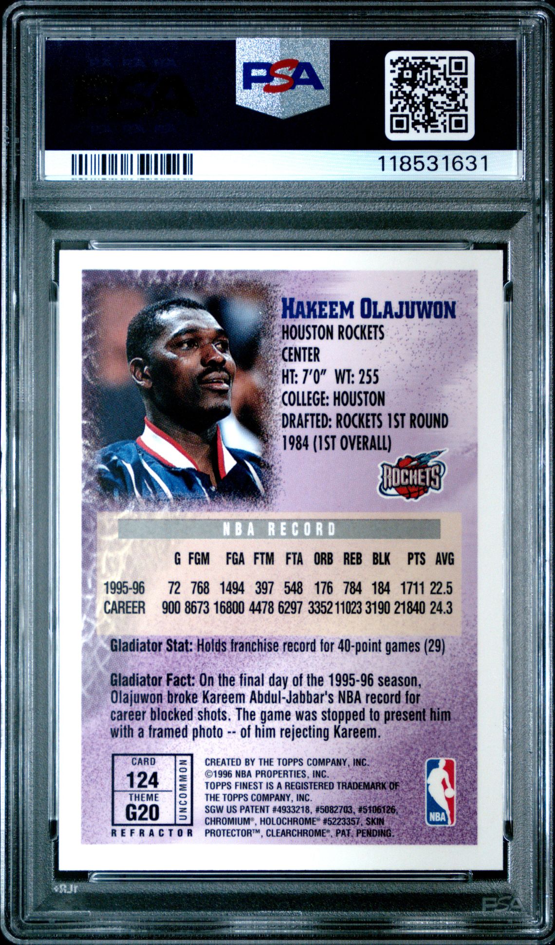 1996 Finest Hakeem Olajuwon #124 (Refractor) Mint 9 back
