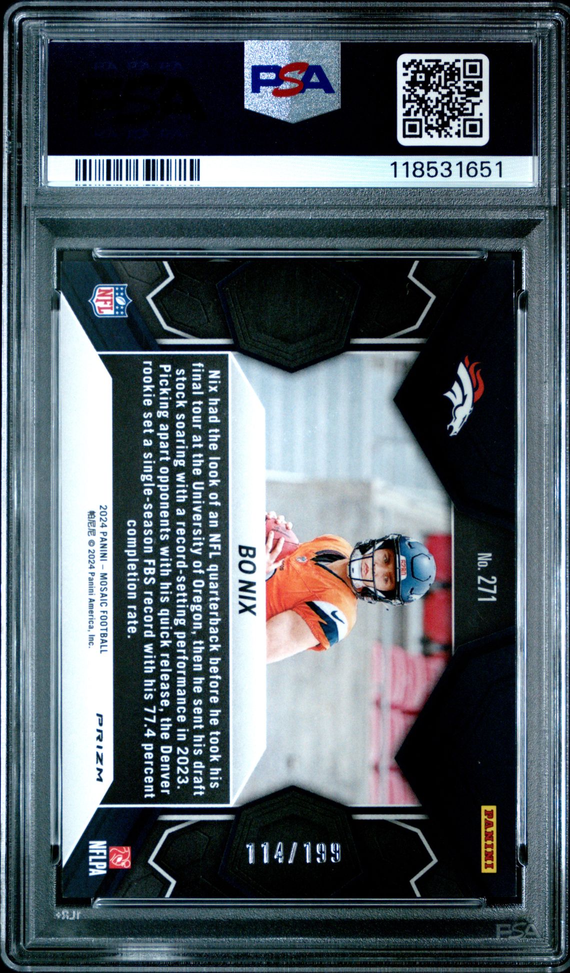 2024 Panini Mosaic Bo Nix #271 (Orange) Gem Mt 10 back