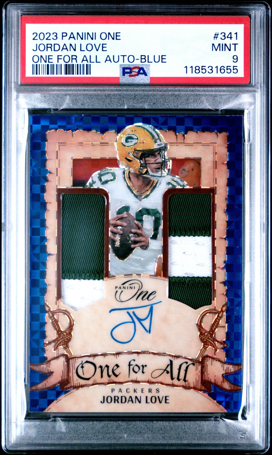 2023 Panini One Jordan Love #341 (One For All Auto-Blue) Mint 9 front