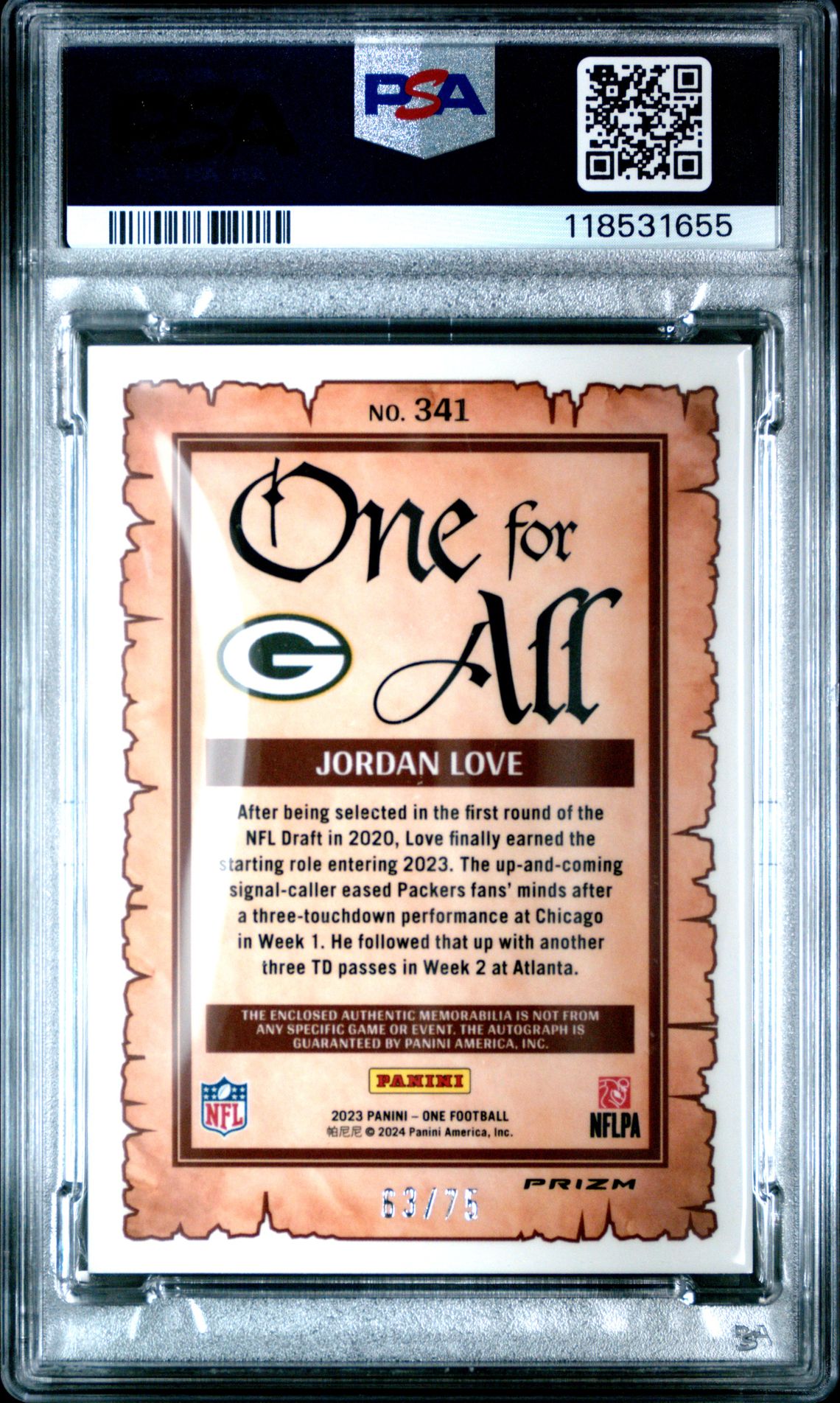 2023 Panini One Jordan Love #341 (One For All Auto-Blue) Mint 9 back