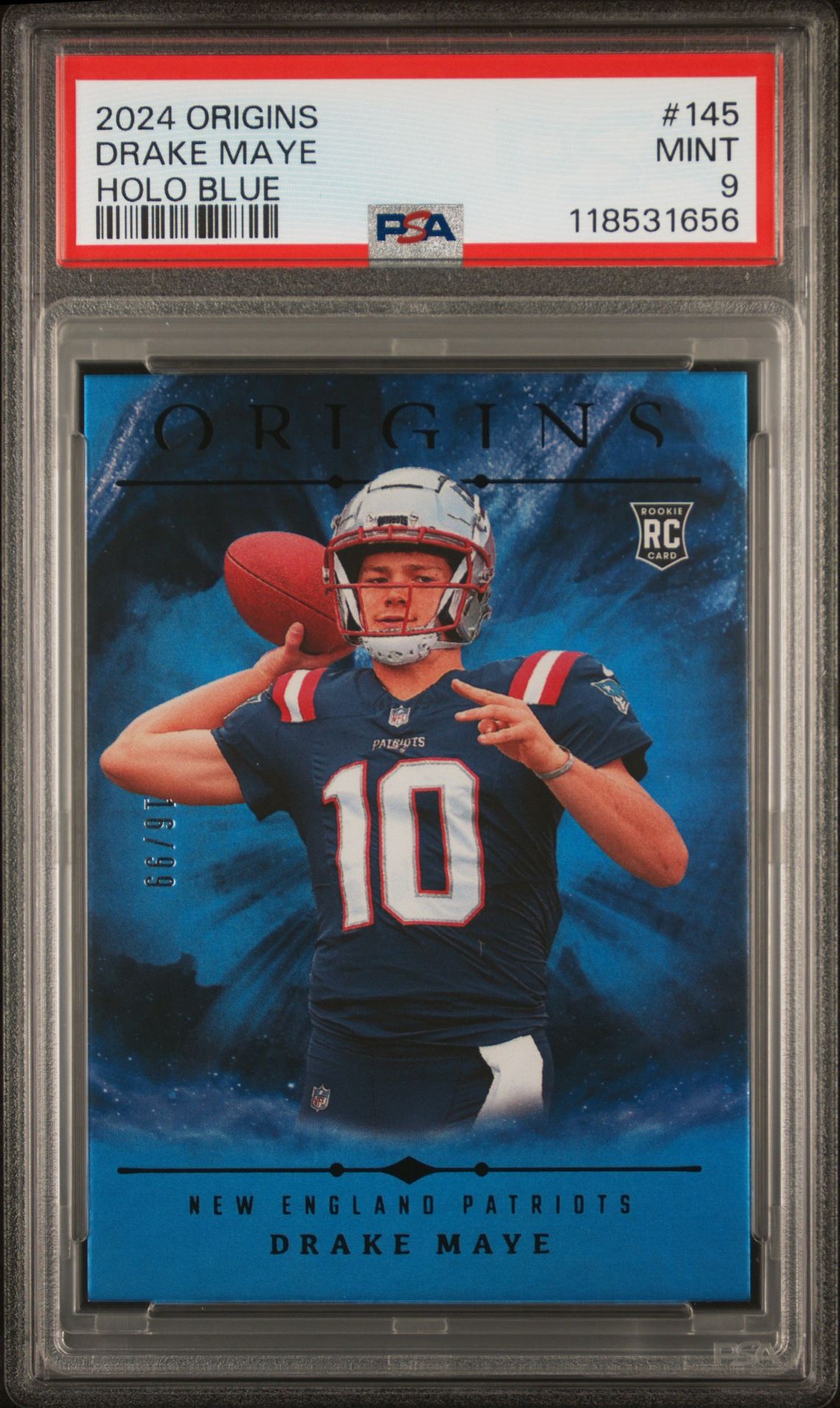 2024 Panini Origins Drake Maye #145 (Holo Blue) Mint 9 front