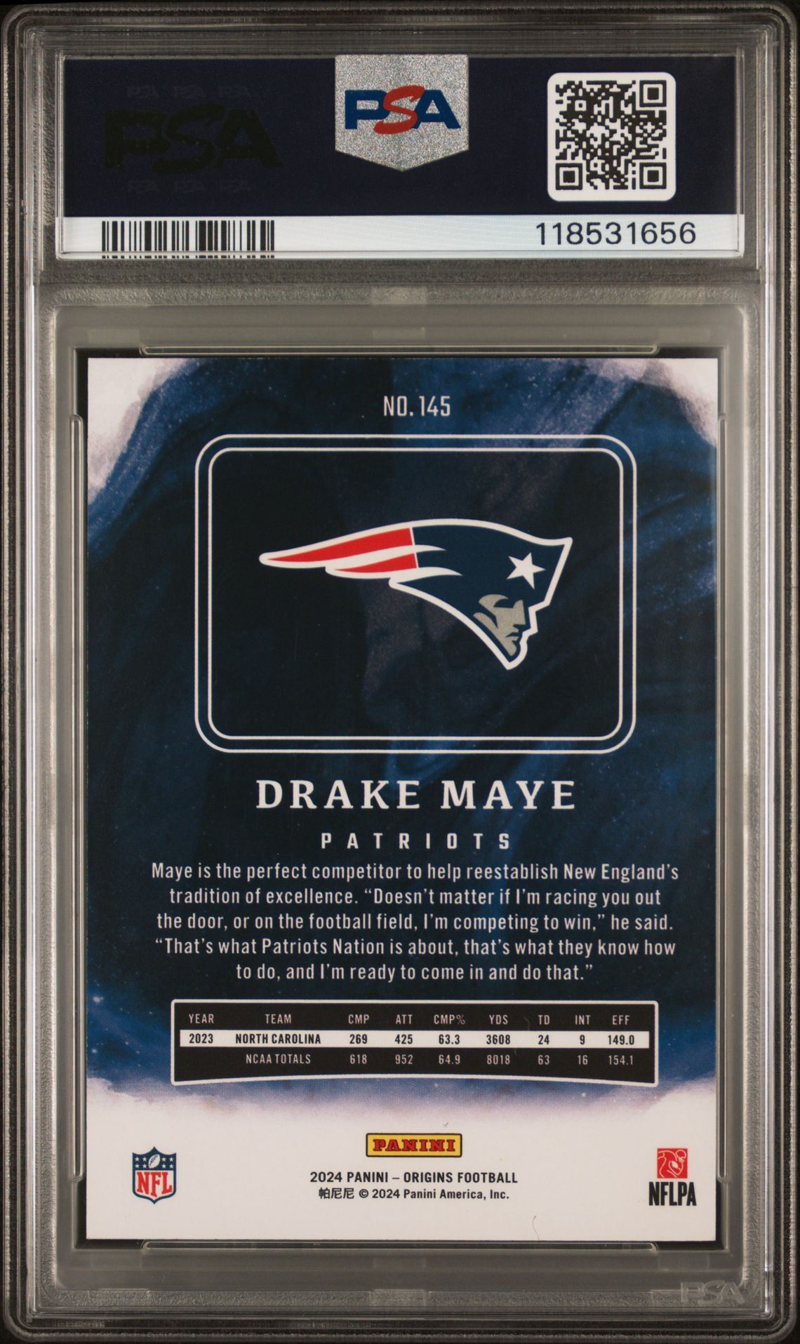 2024 Panini Origins Drake Maye #145 (Holo Blue) Mint 9 back