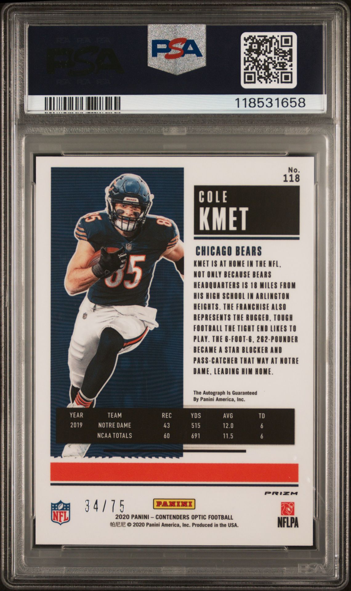 2020 Panini Contenders Optic Cole Kmet #118 (Autograph-Blue) Mint 9 back
