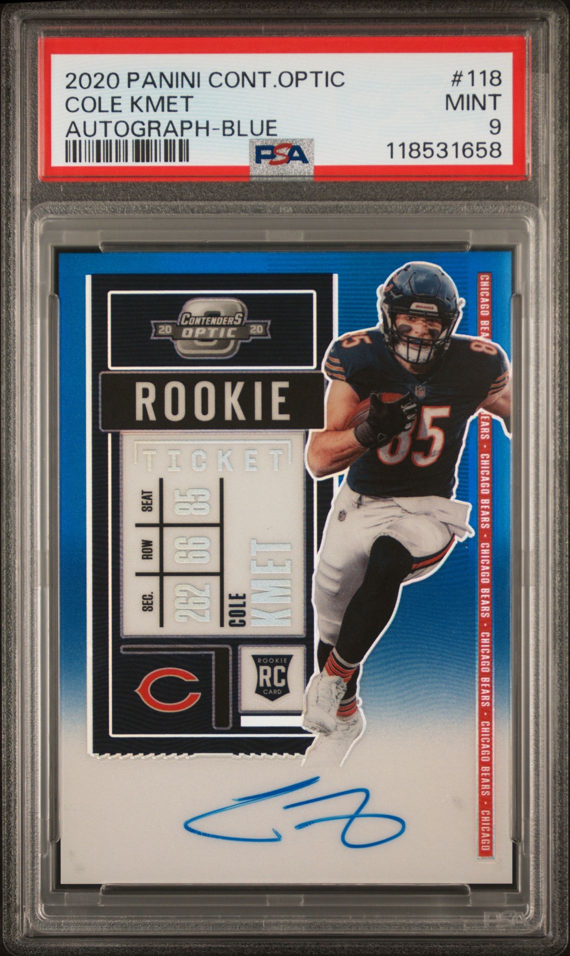 2020 Panini Contenders Optic Cole Kmet #118 (Autograph-Blue) Mint 9 front