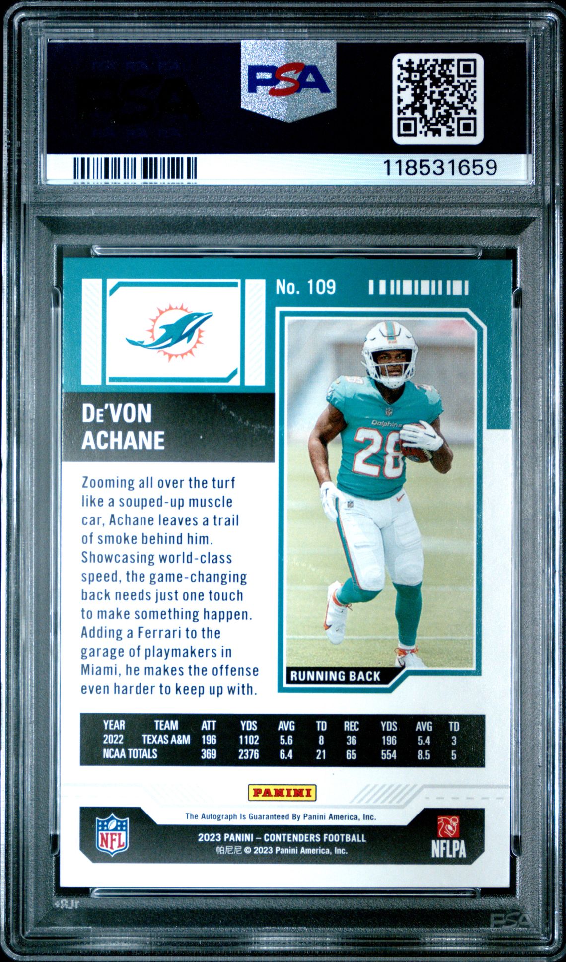 2023 Panini Contenders De'von Achane #109 (Auto-Cracked Ice Ticket) Mint 9 back