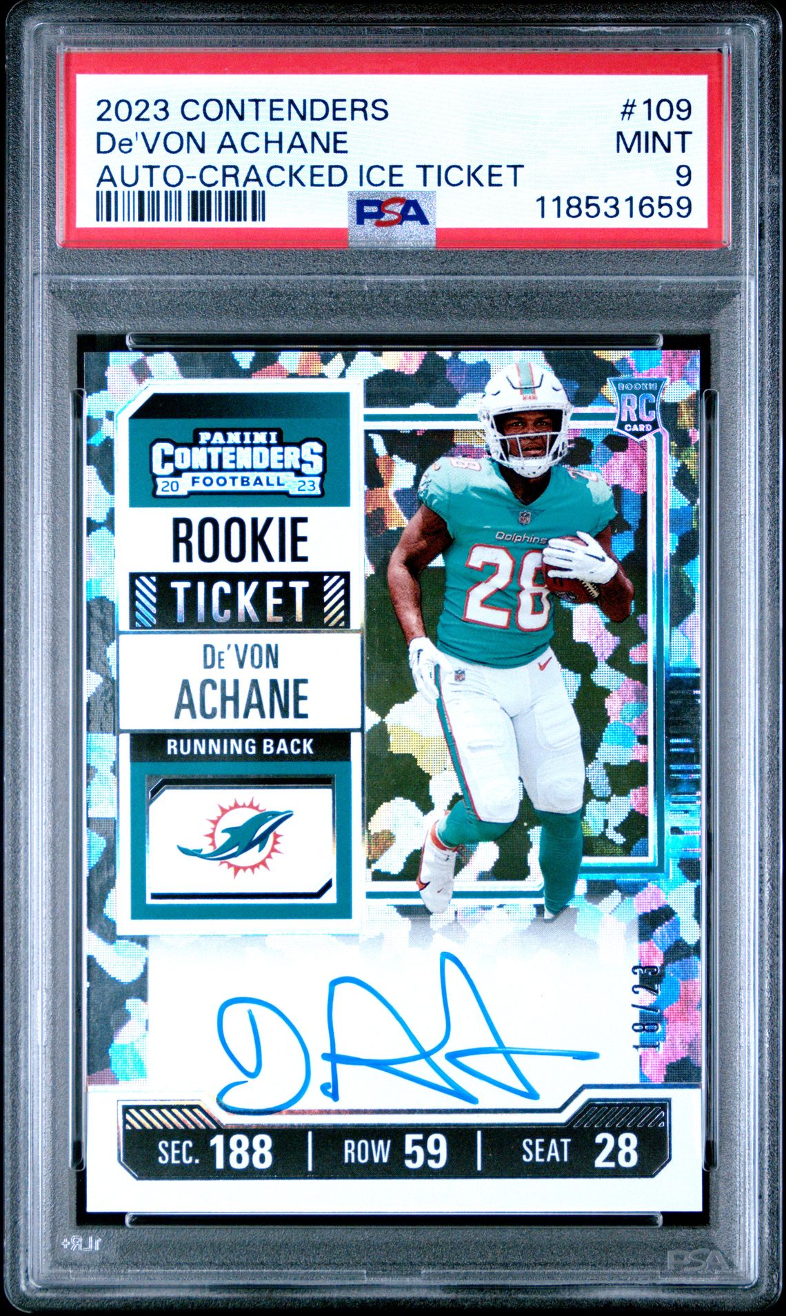 2023 Panini Contenders De'von Achane #109 (Auto-Cracked Ice Ticket) Mint 9 front