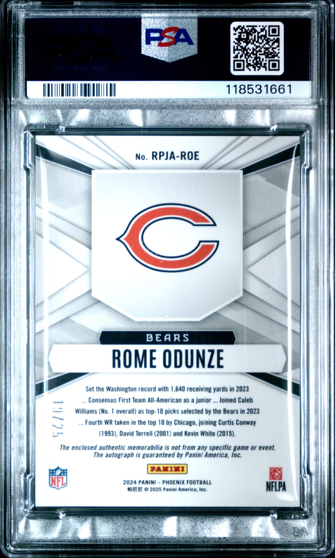 2024 Panini Phoenix Rookie Phenoms Jersey Autographs Rome Odunze #Rpjaroe (Rookie Phenom Jsy Au-Green) Mint 9 back