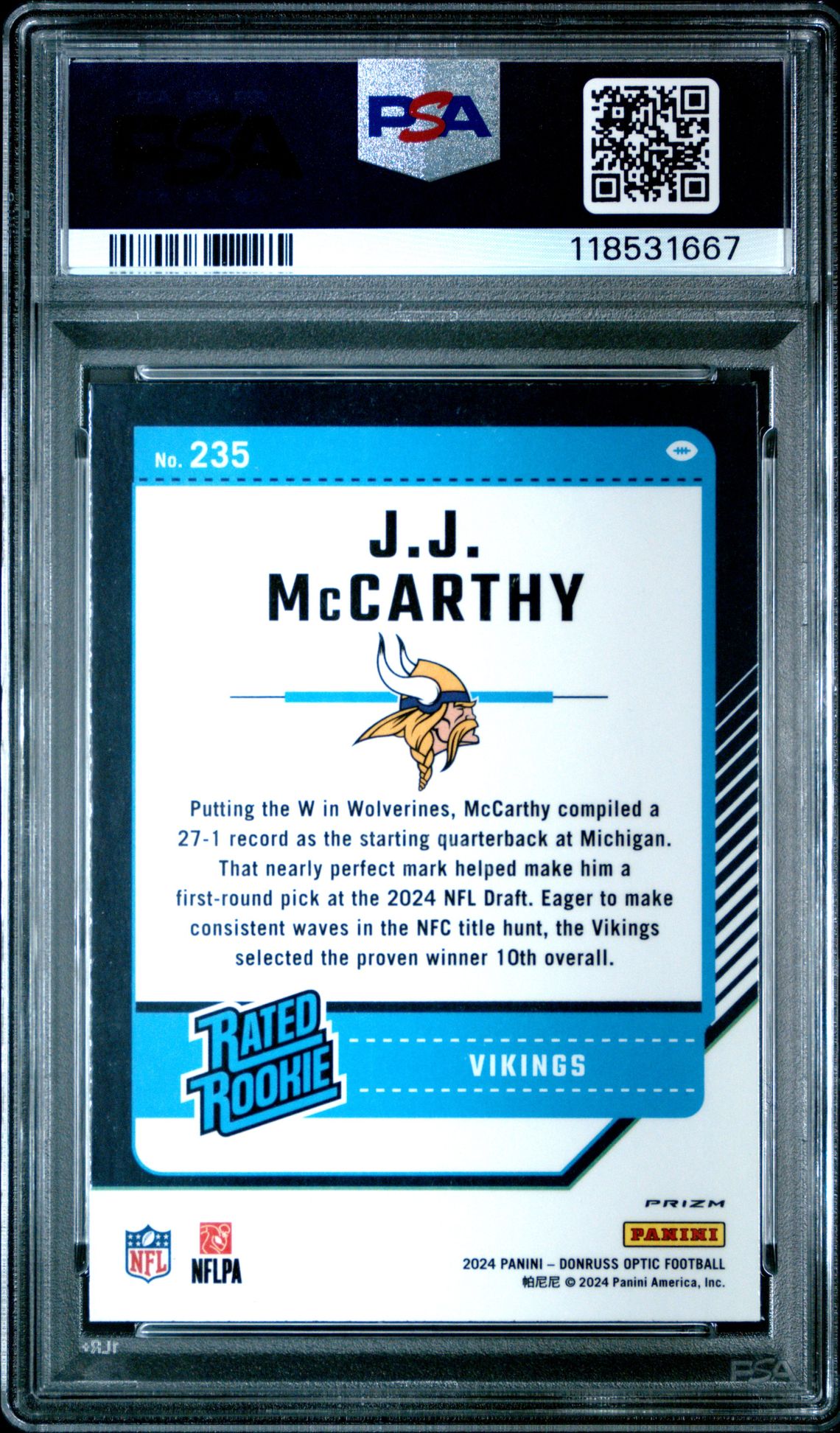 2024 Panini Donruss Optic Jj Mccarthy #235 (Purple Shock) Gem Mt 10 back