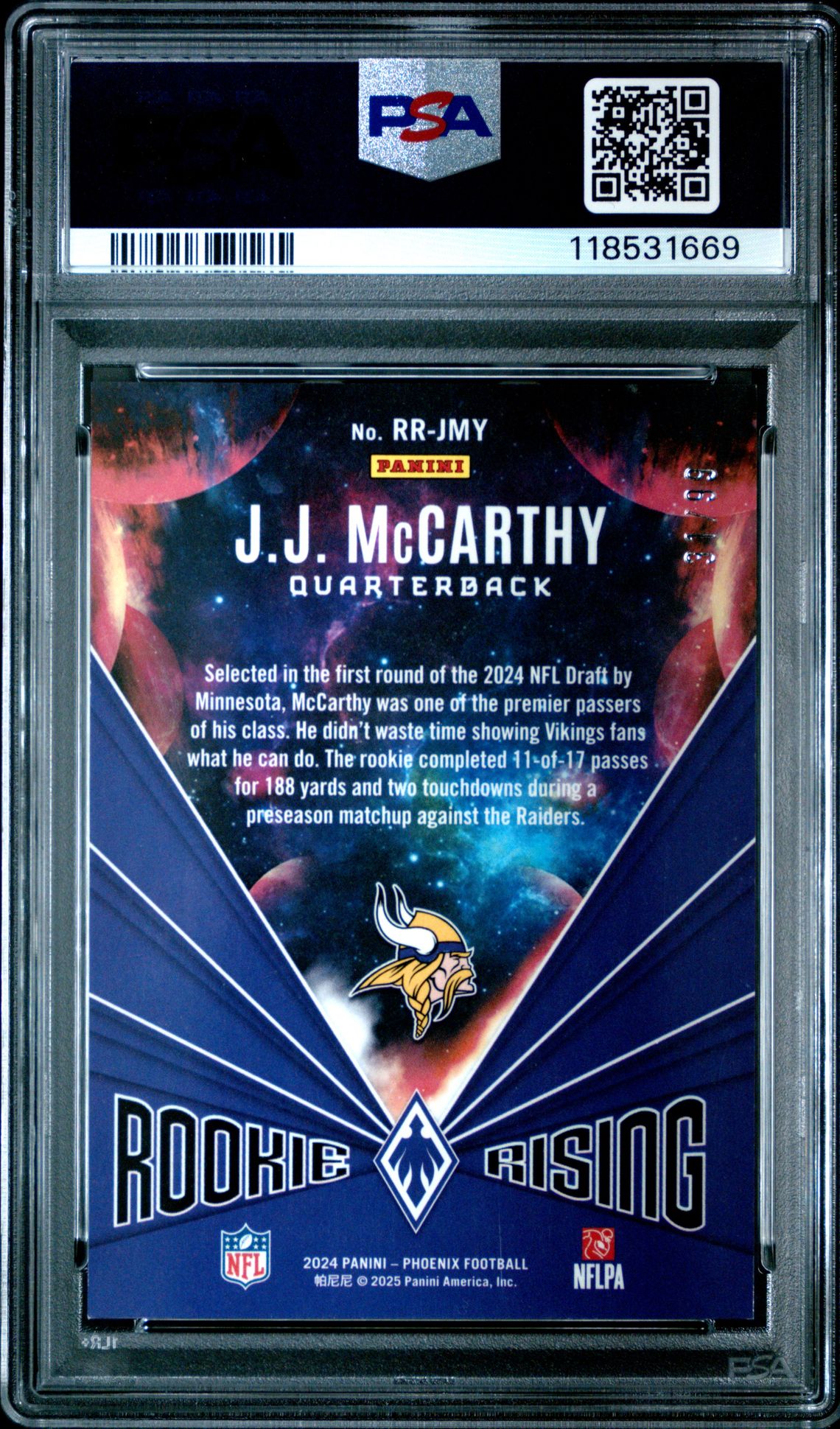 2024 Panini Phoenix Rookie Rising Jj Mccarthy #Rrjmy (Rookie Rising-Red) Mint 9 back