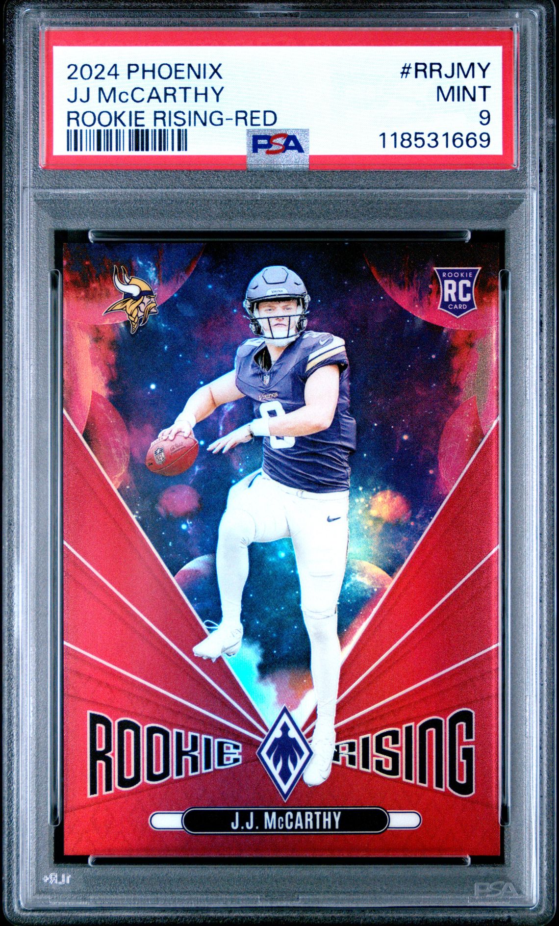 2024 Panini Phoenix Rookie Rising Jj Mccarthy #Rrjmy (Rookie Rising-Red) Mint 9 front