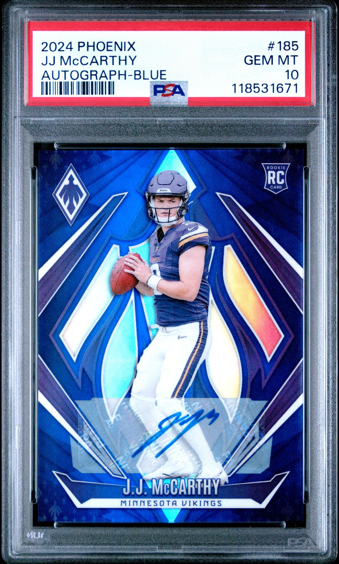2024 Panini Phoenix Jj Mccarthy #185 (Autograph-Blue) Gem Mt 10 front