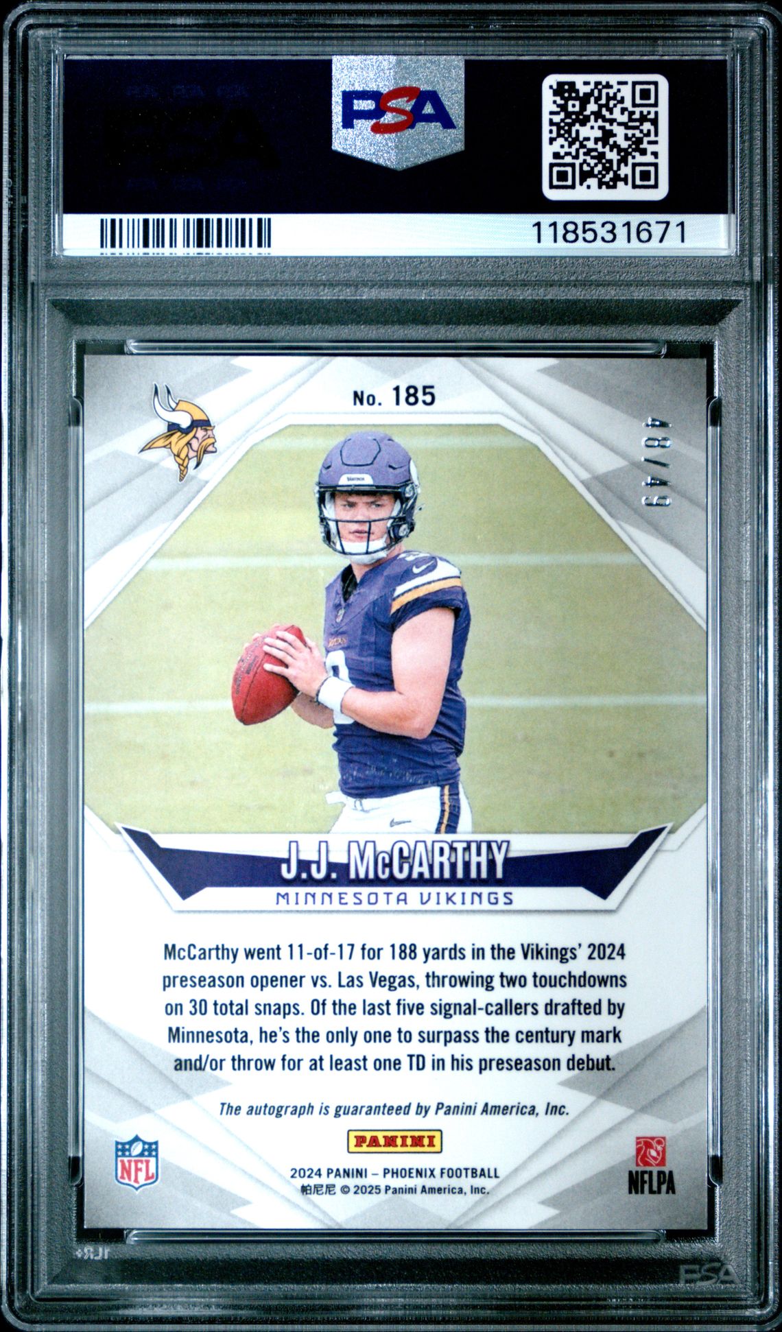 2024 Panini Phoenix Jj Mccarthy #185 (Autograph-Blue) Gem Mt 10 back