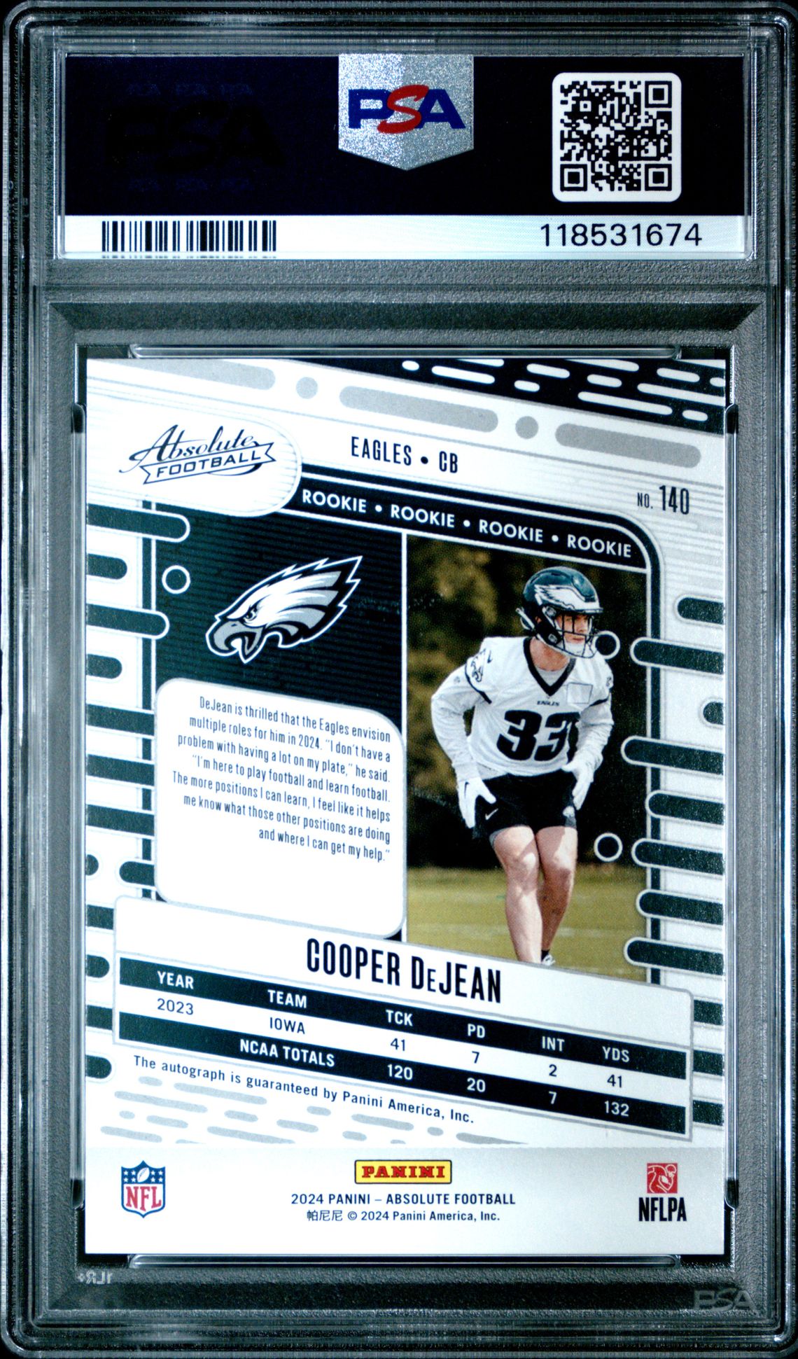 2024 Panini Absolute Cooper Dejean #140 (Signature) Gem Mt 10 back