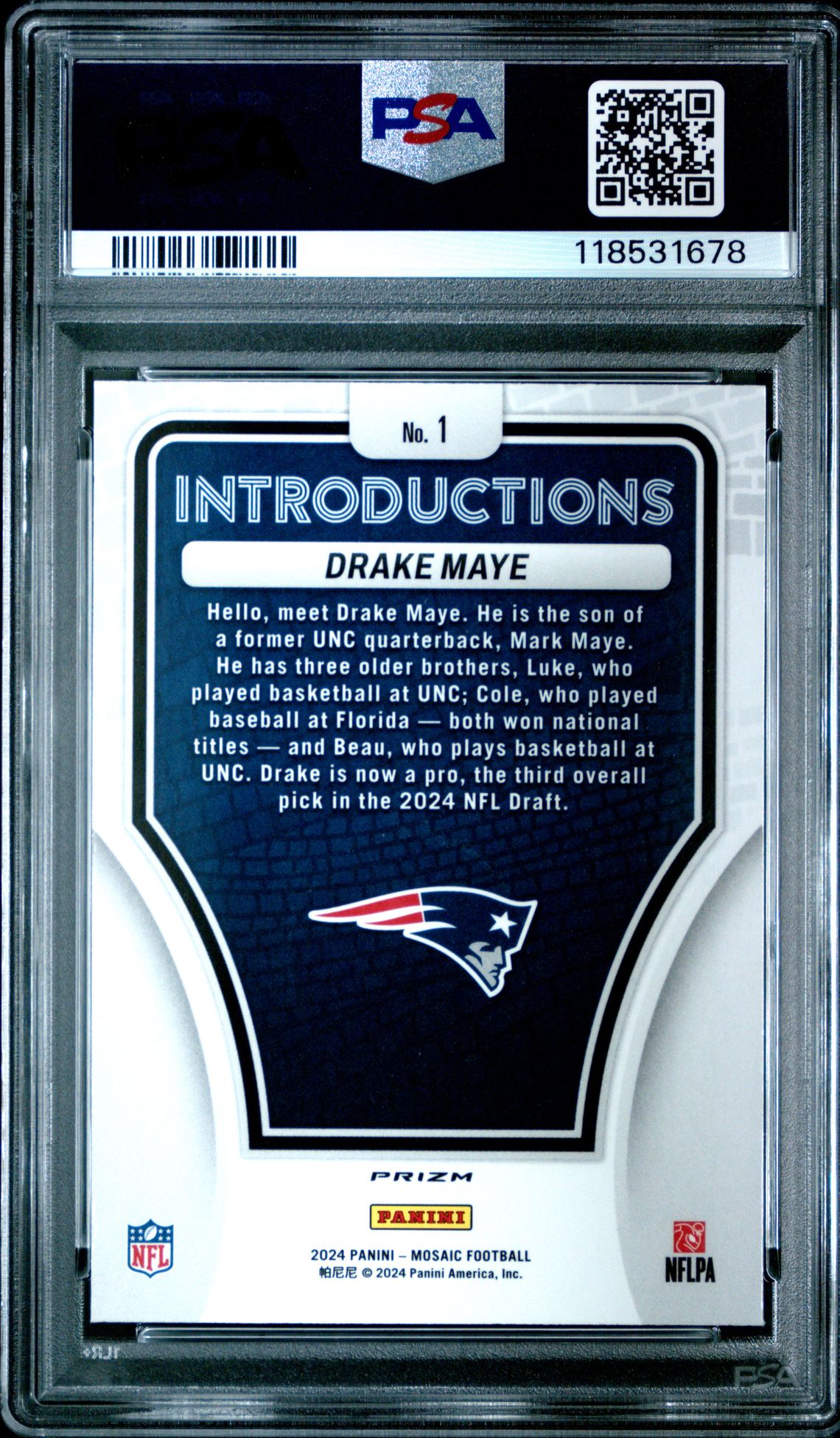 2024 Panini Mosaic Introductions Drake Maye #1 (Intro-Silver No Huddle) Gem Mt 10 back