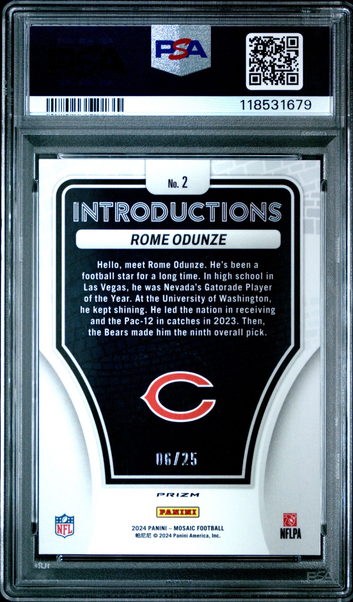 2024 Panini Mosaic Introductions Rome Odunze #2 (Introductions-White) Gem Mt 10 back