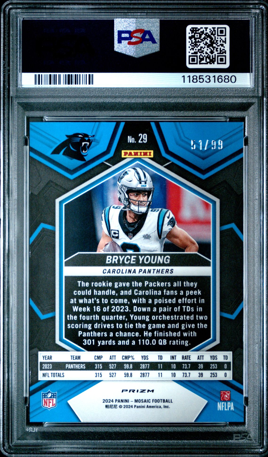 2024 Panini Mosaic Bryce Young #29 (Blue) Gem Mt 10 back
