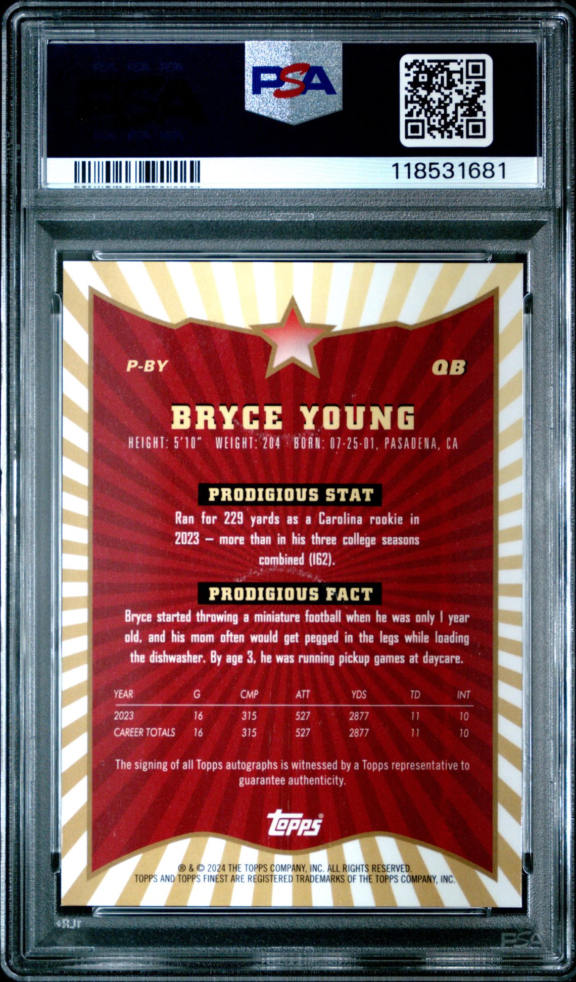 2024 Topps Finest Prodigies Autographs Bryce Young #Pby (Prodigies Auto-Blue Chkbd) Gem Mt 10 back