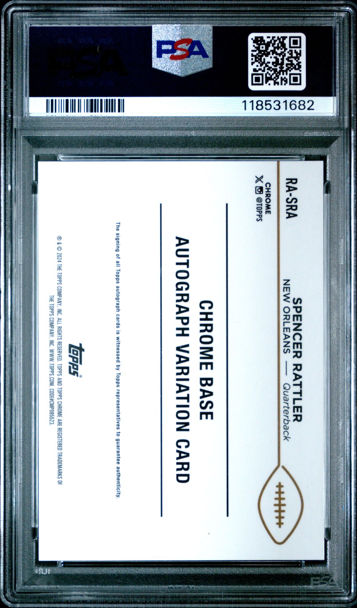 2024 Topps Chrome Rookie Autographs Variations Spencer Rattler #Rasra (Rookie Auto-Blue Ref) Gem Mt 10 back