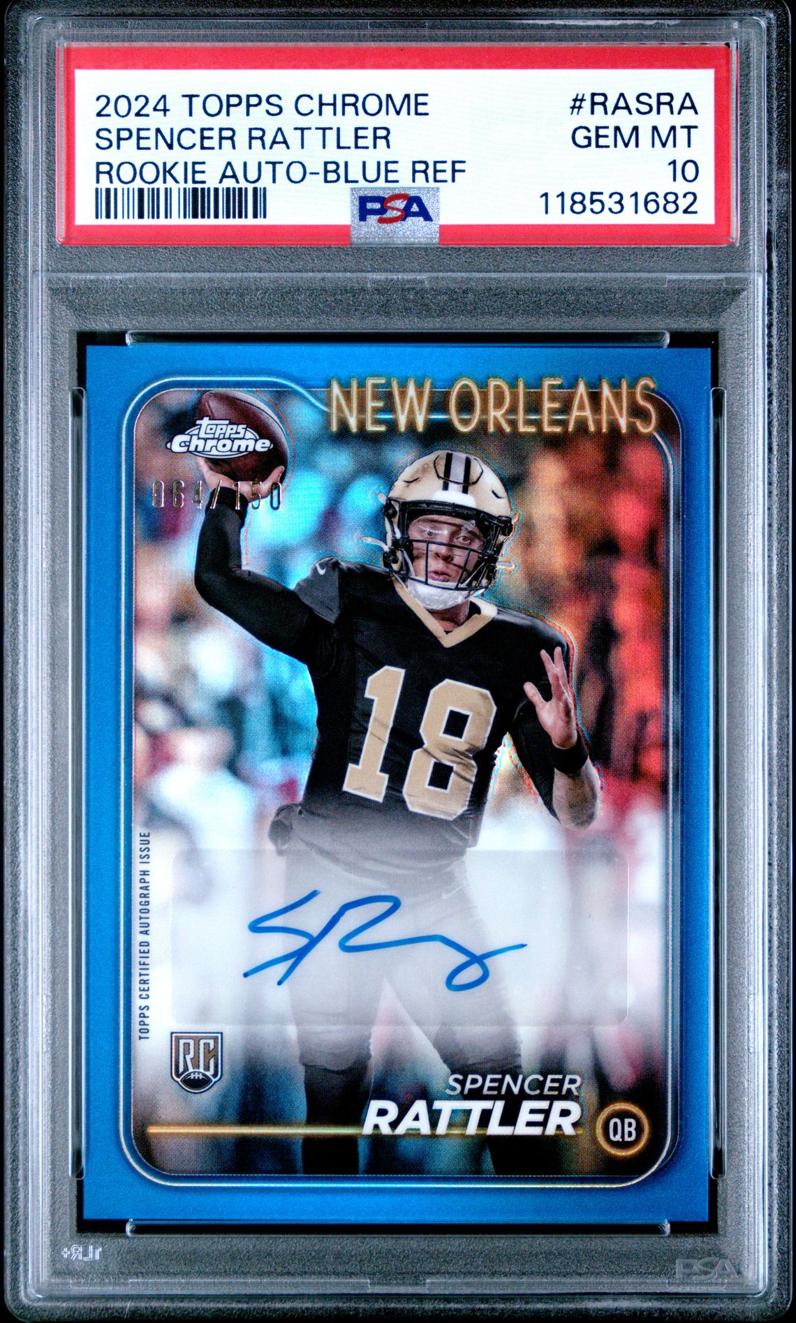 2024 Topps Chrome Rookie Autographs Variations Spencer Rattler #Rasra (Rookie Auto-Blue Ref) Gem Mt 10 front