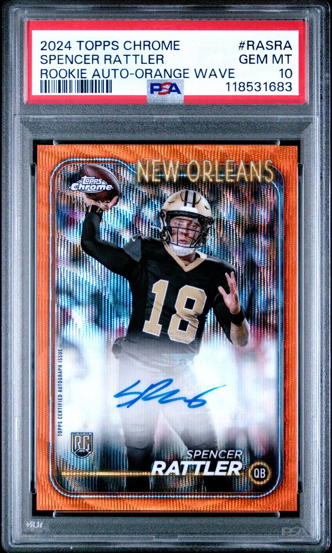 2024 Topps Chrome Rookie Autographs Variations Spencer Rattler #Rasra (Rookie Auto-Orange Wave) Gem Mt 10 front