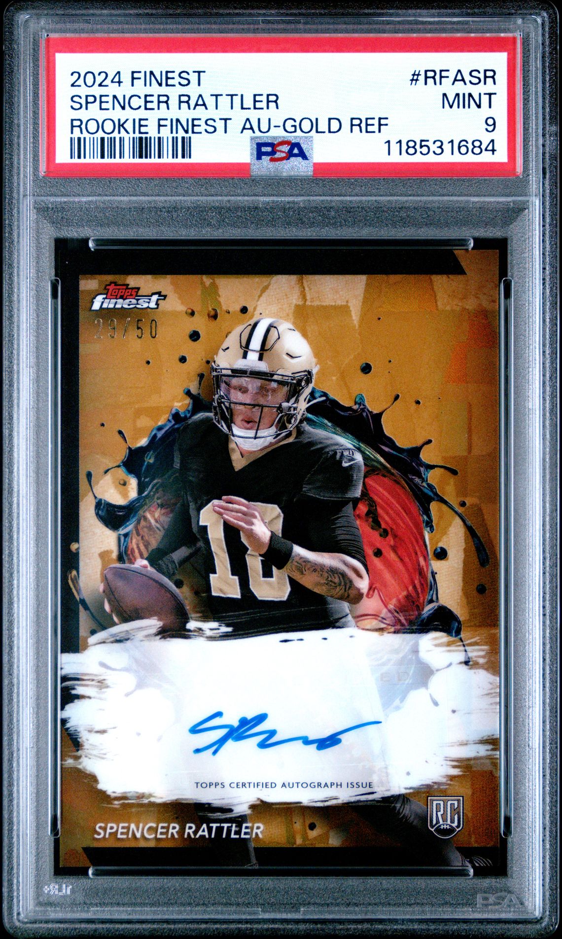 2024 Topps Finest Rookie Finest Autographs Spencer Rattler #Rfasr (Rookie Finest Au-Gold Ref) Mint 9 front