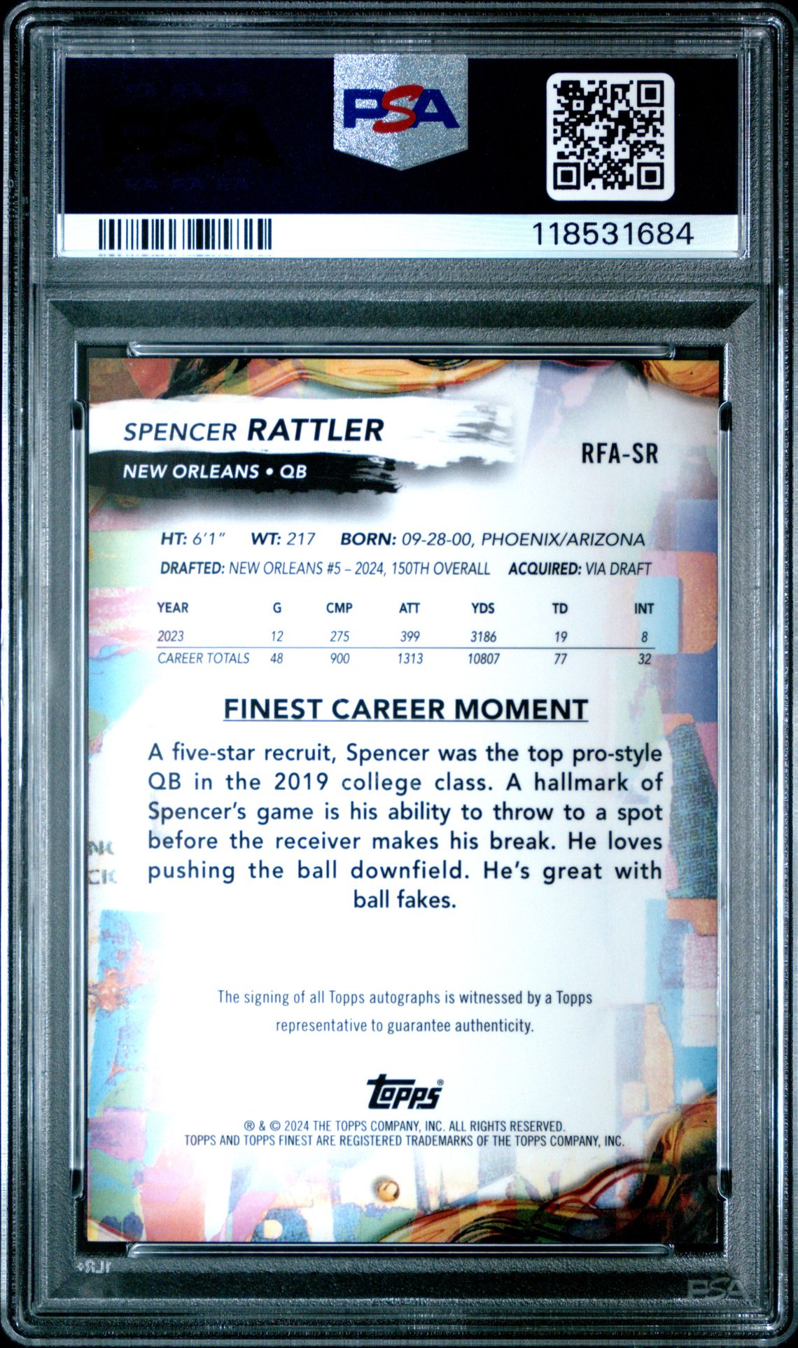 2024 Topps Finest Rookie Finest Autographs Spencer Rattler #Rfasr (Rookie Finest Au-Gold Ref) Mint 9 back