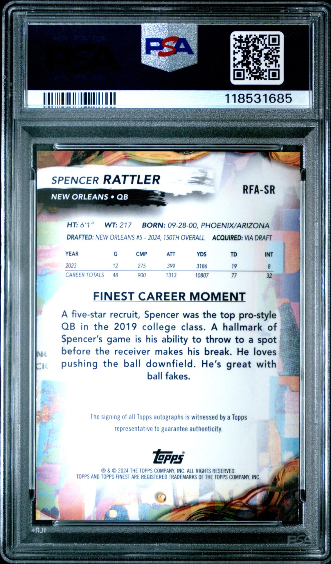 2024 Topps Finest Rookie Finest Autographs Spencer Rattler #Rfasr (Rookie Finest Au-Black Ref) Gem Mt 10 back