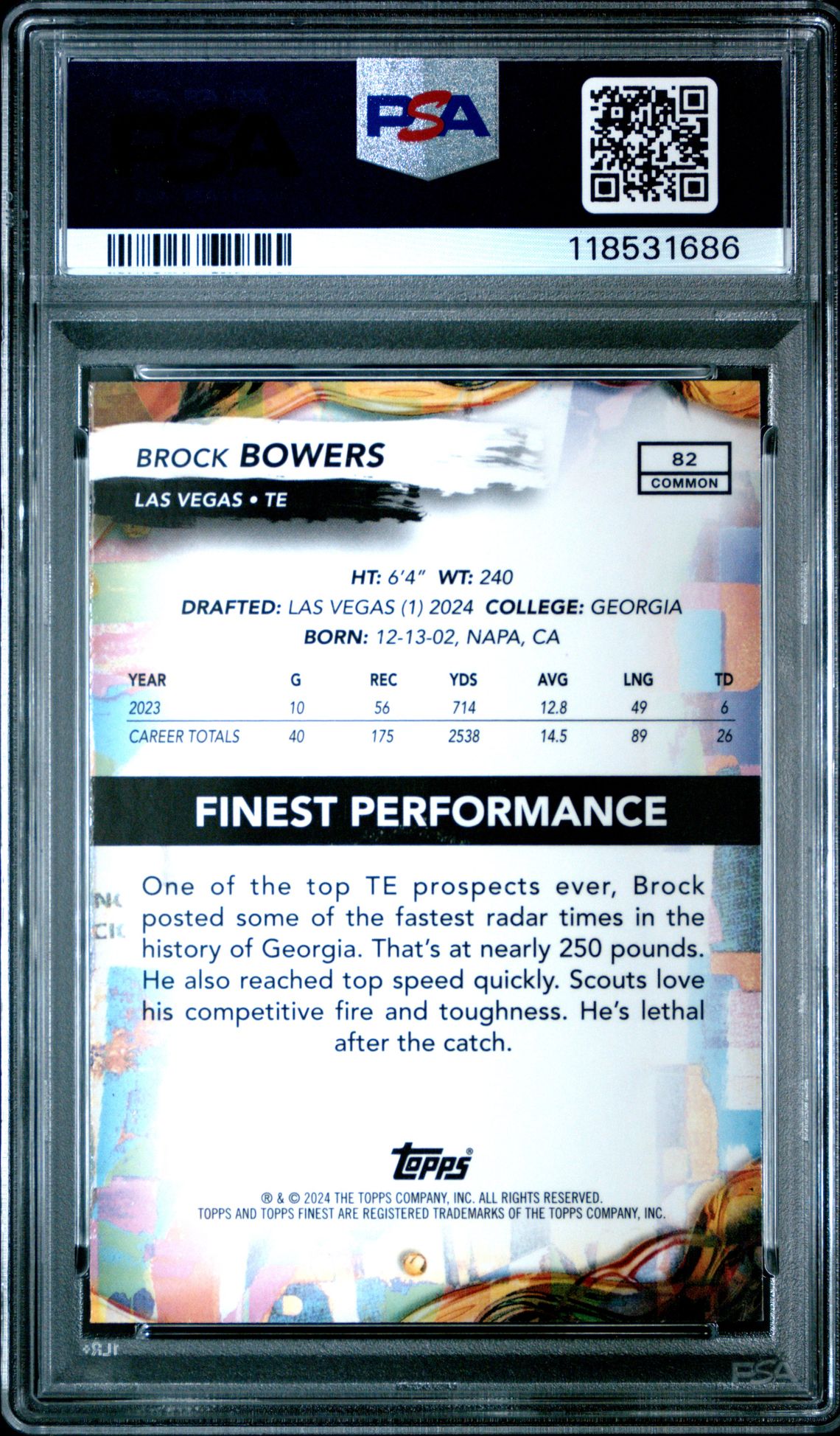 2024 Topps Finest Brock Bowers #82 (Green Refractor) Gem Mt 10 back