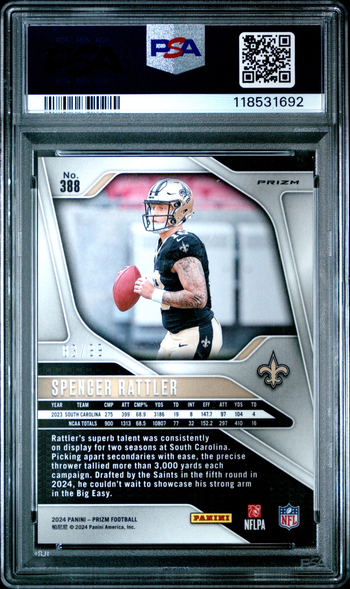 2024 Panini Prizm Spencer Rattler #388 (No Huddle Blue) Mint 9 back