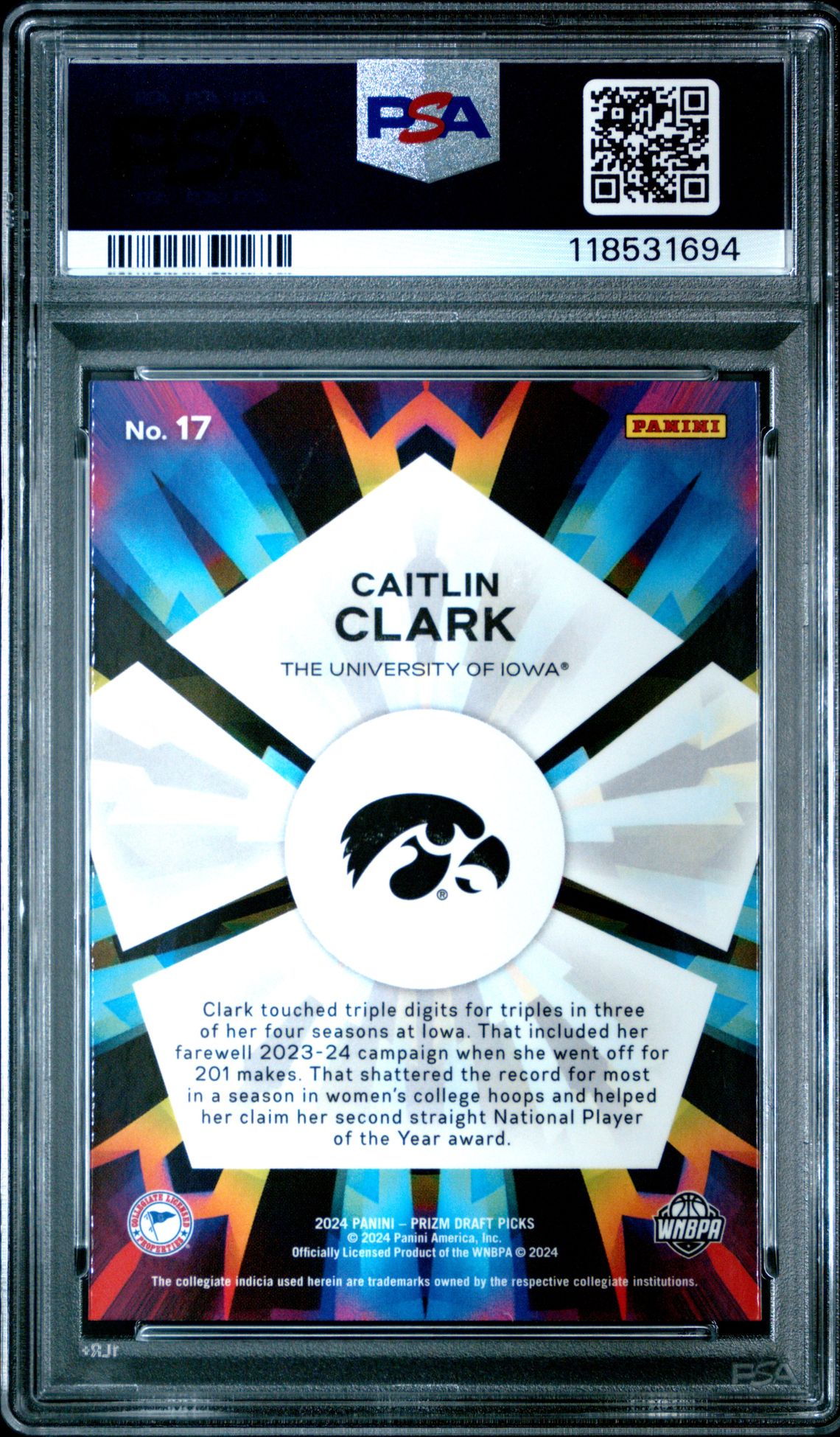 2024 Panini Prizm Draft Picks Kaleidoscopic Caitlin Clark #17 Gem Mt 10 back