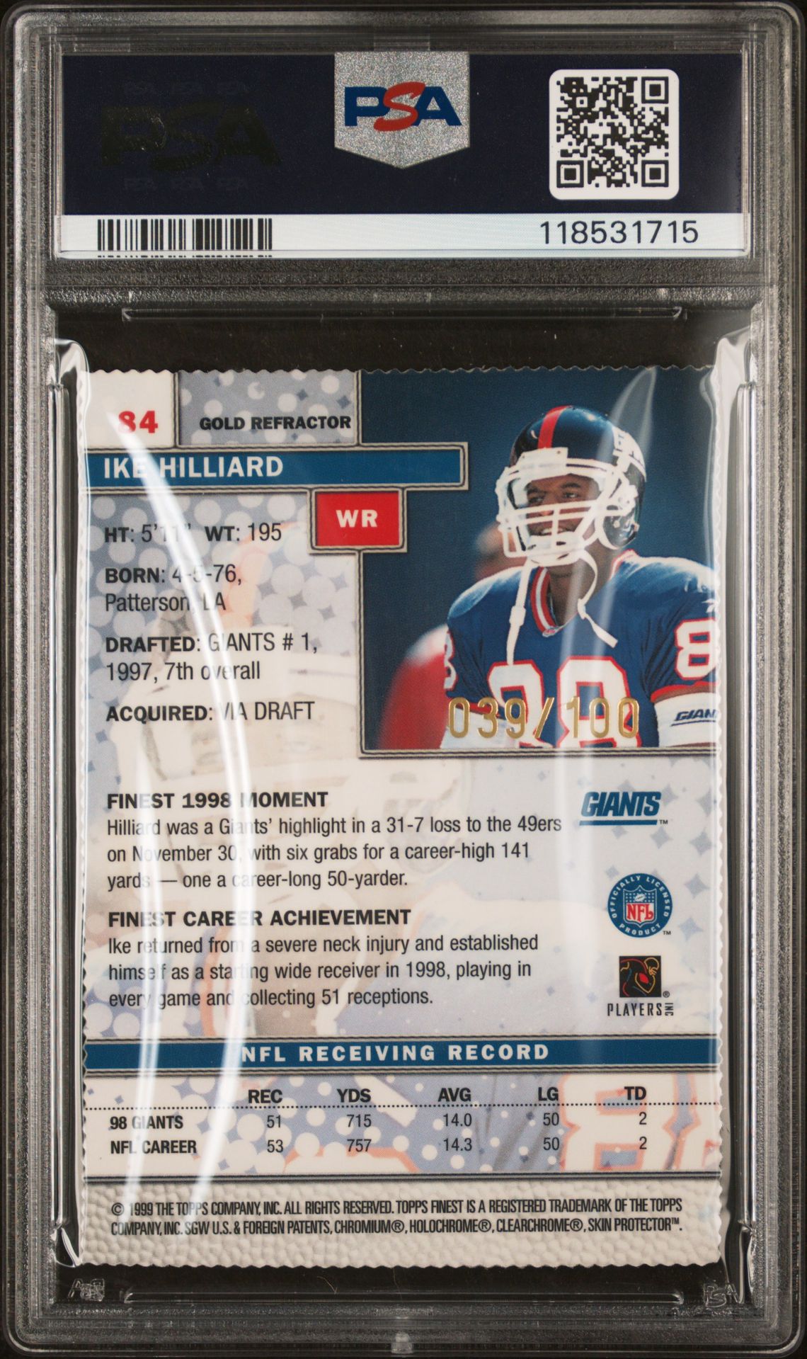 1999 Finest Ike Hilliard #84 (Gold Refractor W/Coating) Nm-Mt 8 back