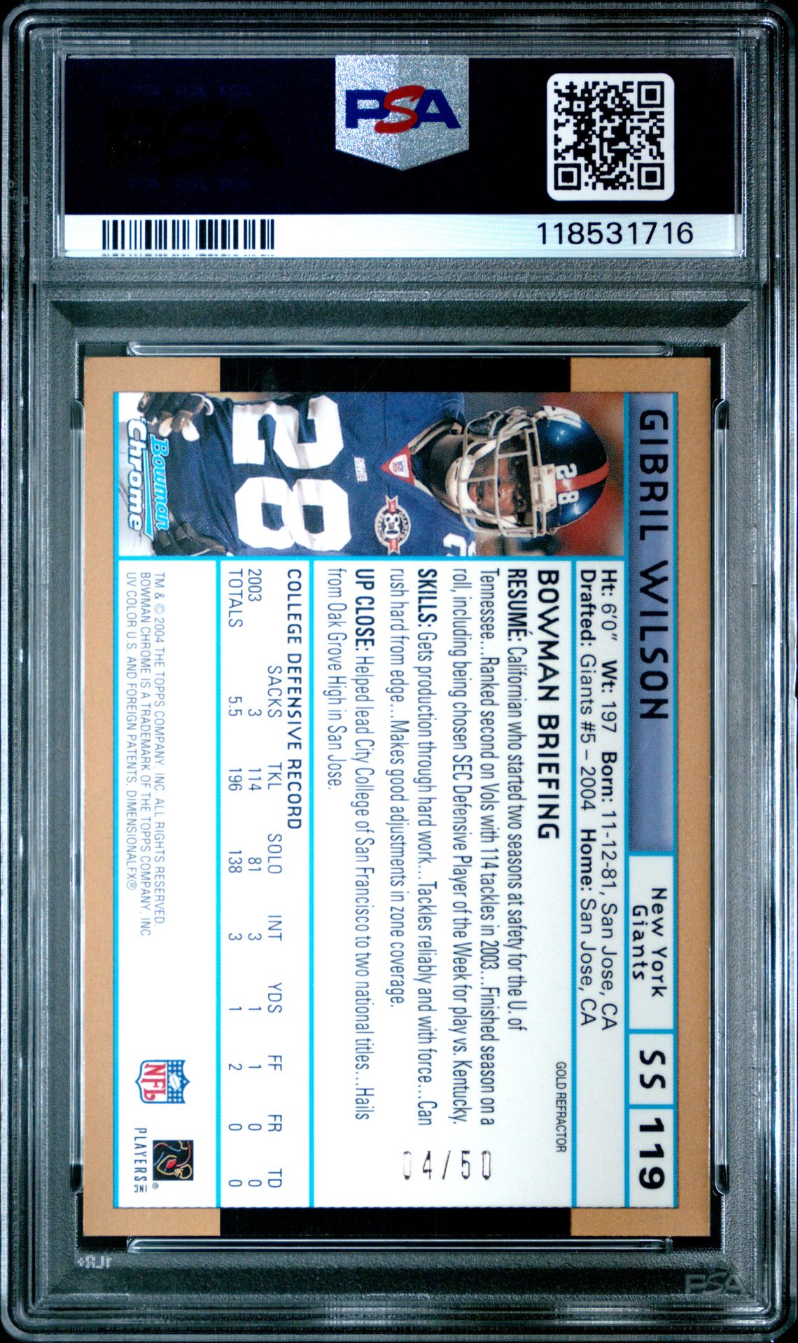 2004 Bowman Chrome Gibril Wilson #119 (Gold Refractor) Nm-Mt 8 back