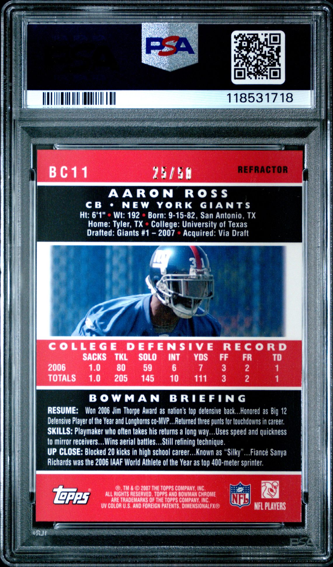 2007 Bowman Chrome Aaron Ross #Bc11 (Gold Refractor) Gem Mt 10 back view - PSA certificate #118531718