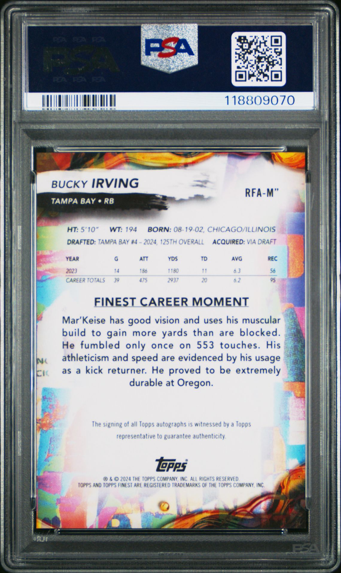 2024 Topps Finest Rookie Finest Autographs Bucky Irving #Rfam" Gem Mt 10 back