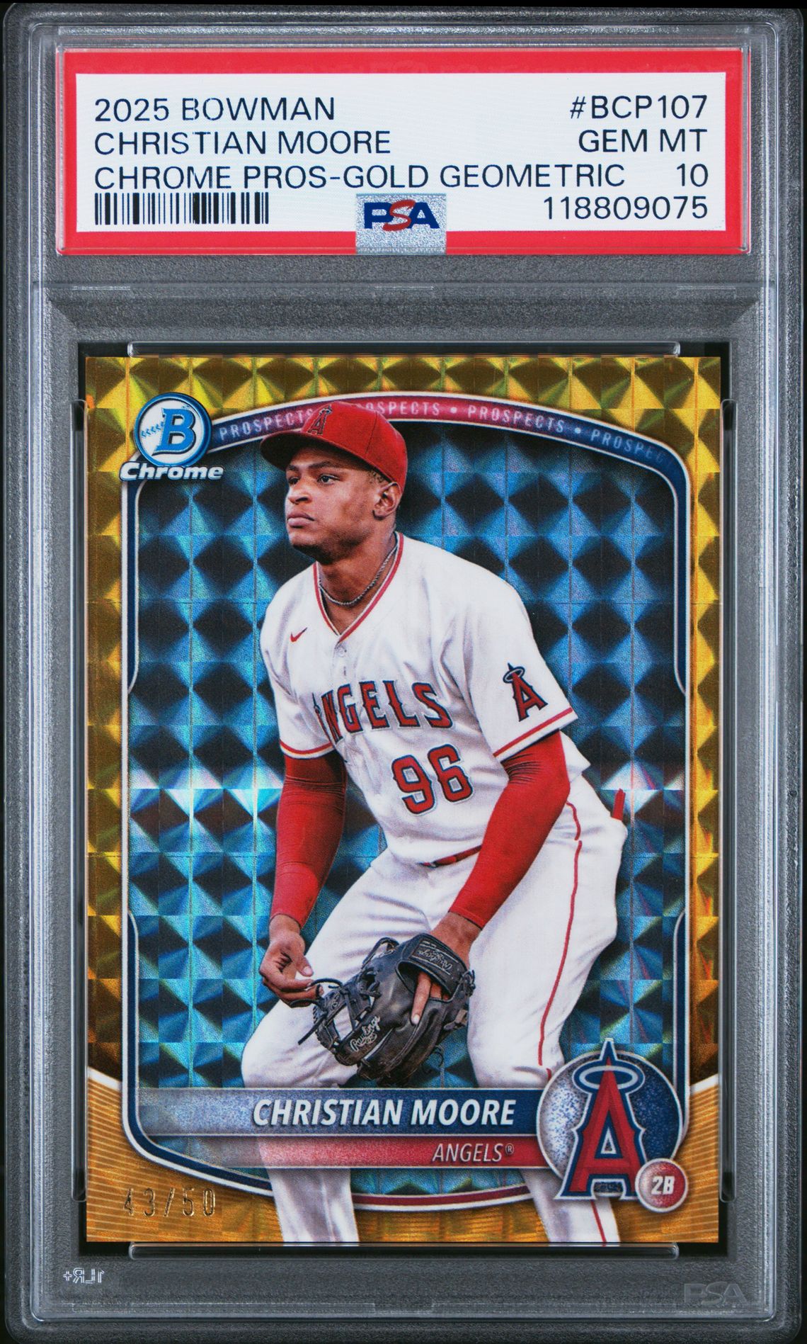 2025 Bowman Chrome Prospects Christian Moore #Bcp107 (Chrome Pros-Gold Geometric) Gem Mt 10 front view - PSA graded GEM MT 10
