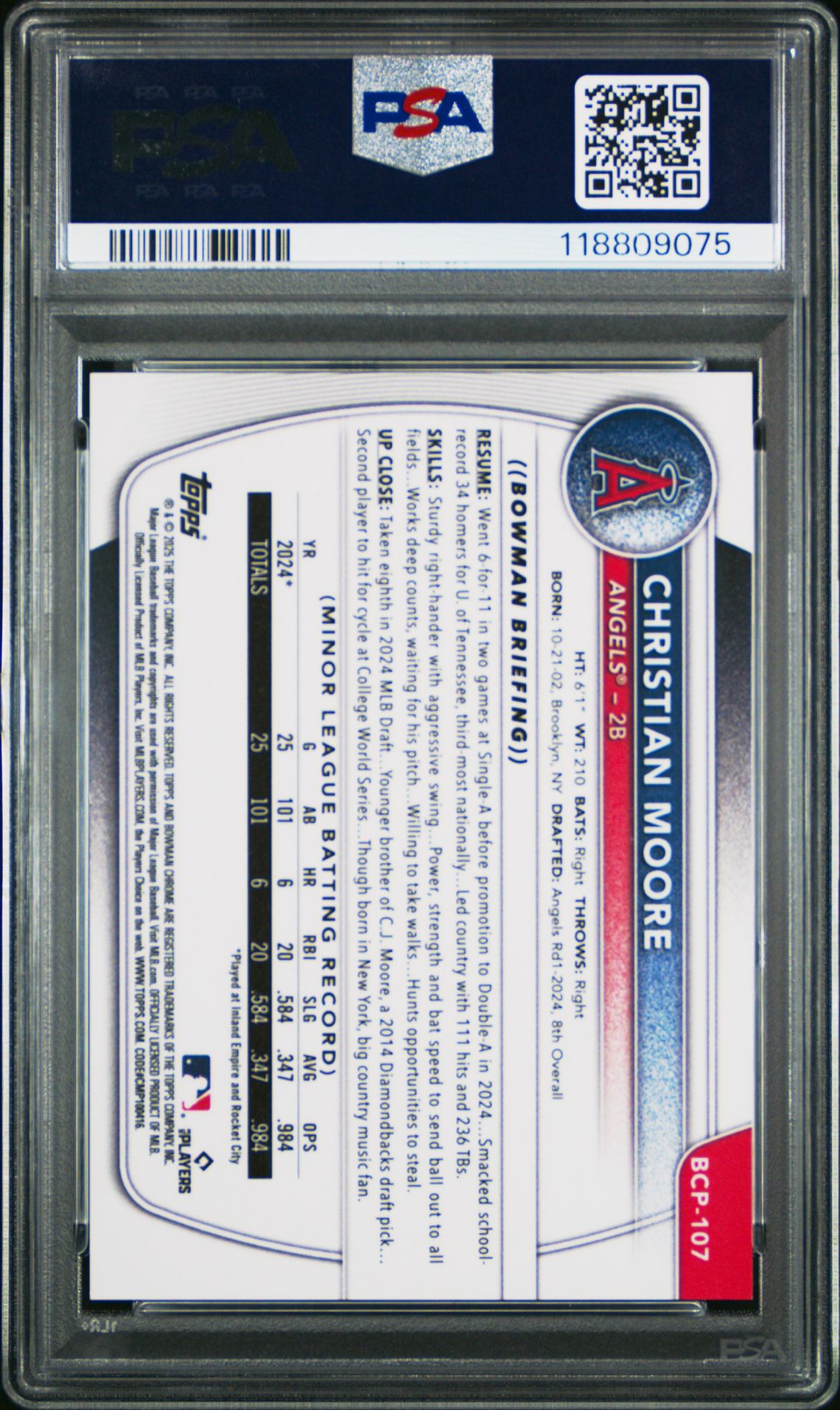 2025 Bowman Chrome Prospects Christian Moore #Bcp107 (Chrome Pros-Gold Geometric) Gem Mt 10 back view - PSA certificate #118809075