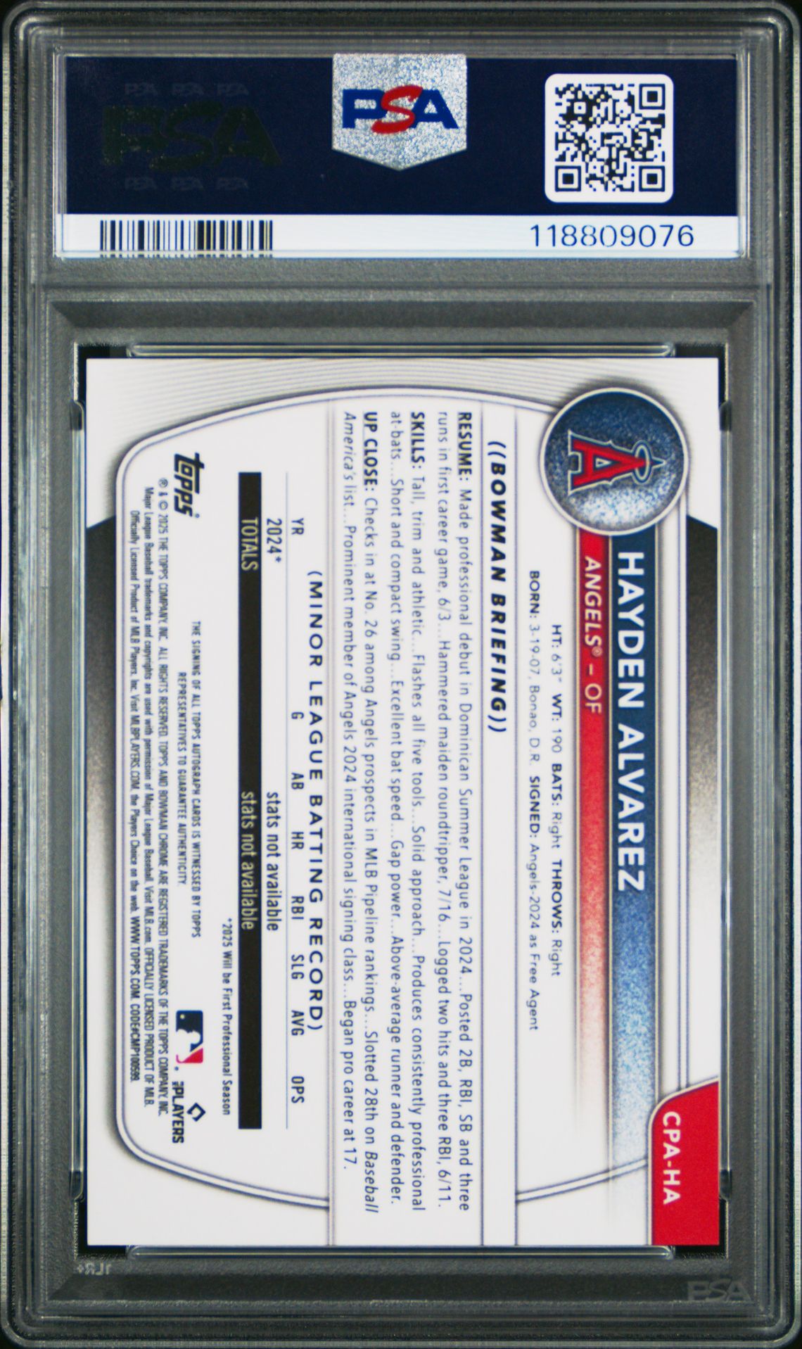 2025 Bowman Chrome Prospect Autographs Hayden Alvarez #Cpaha Gem Mt 10 back
