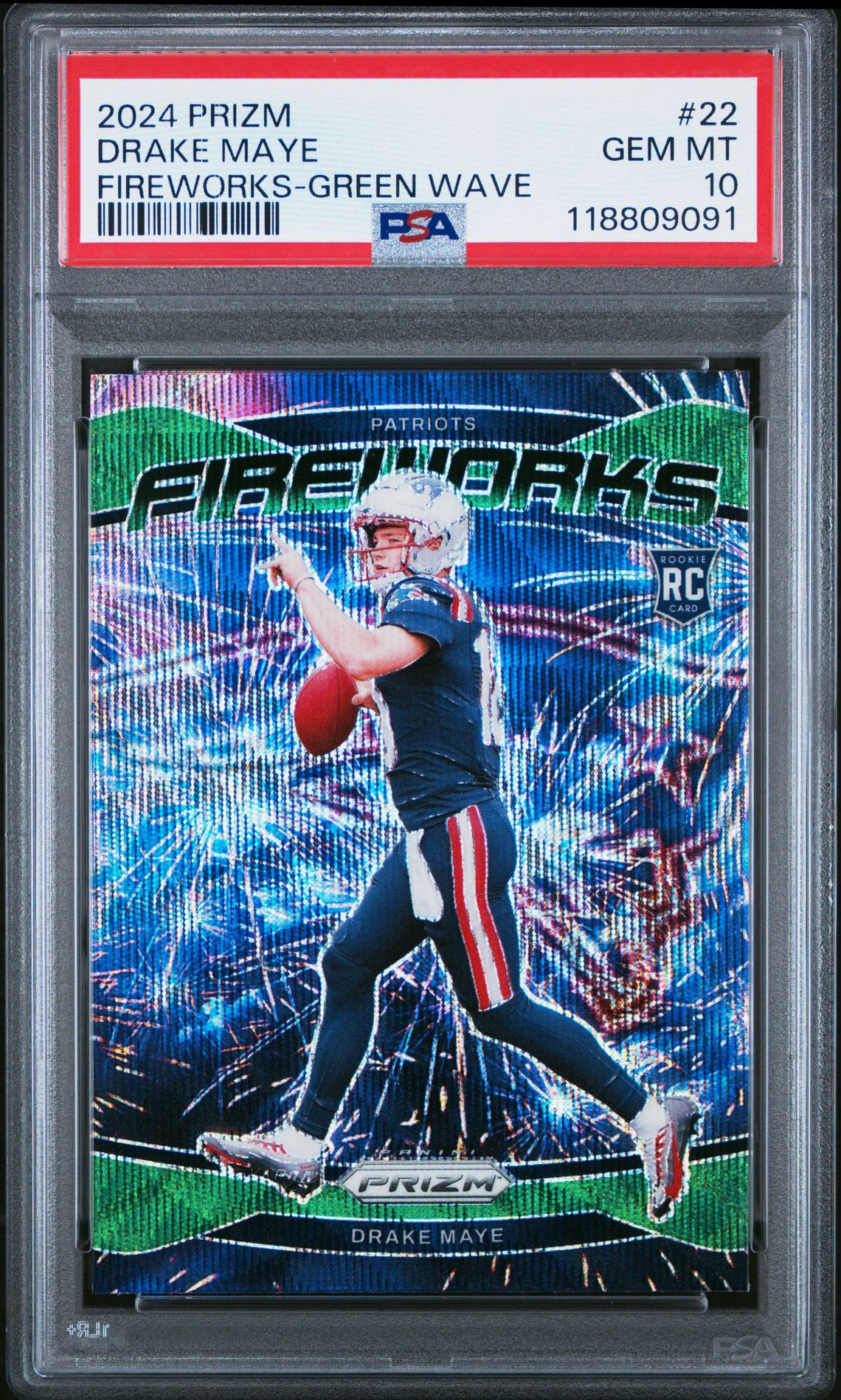 2024 Panini Prizm Fireworks Drake Maye #22 (Fireworks-Green Wave) Gem Mt 10 front