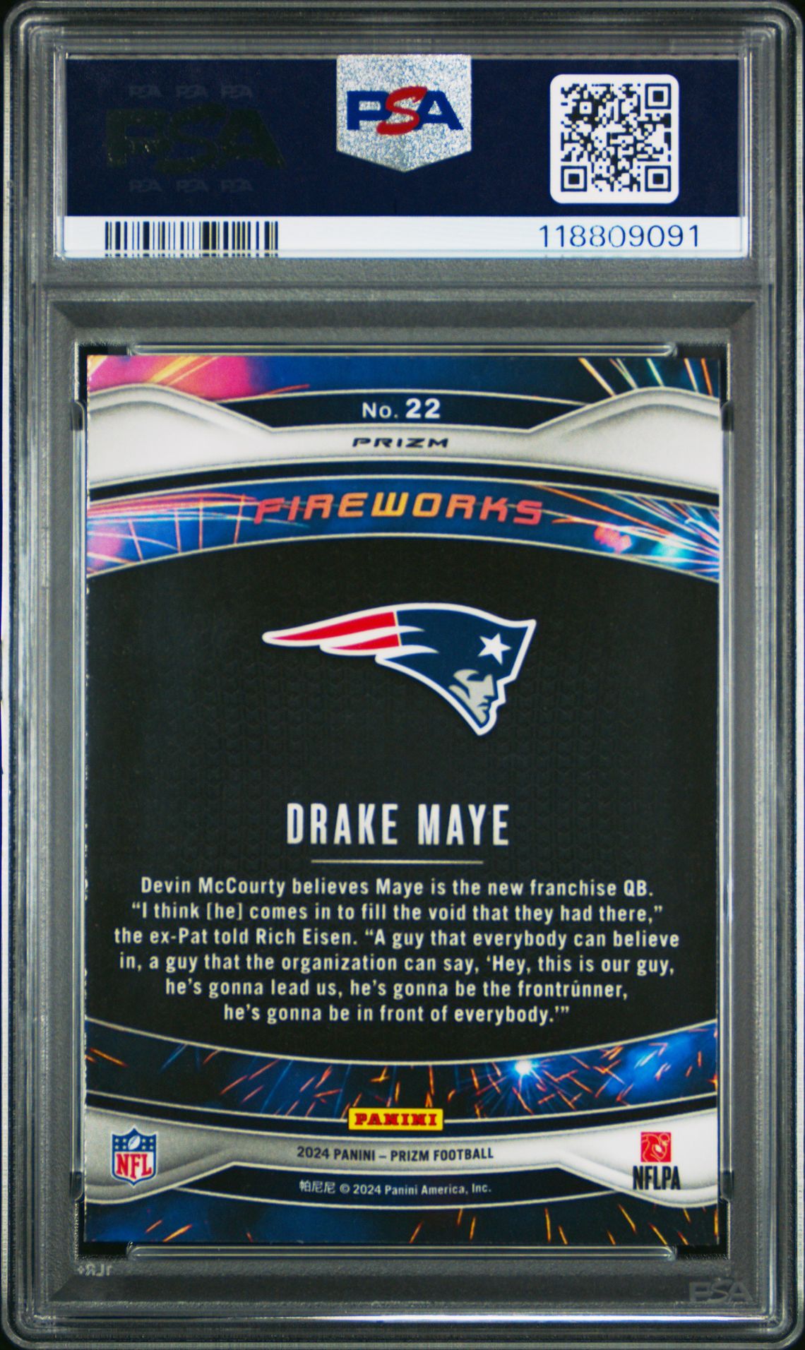 2024 Panini Prizm Fireworks Drake Maye #22 (Fireworks-Green Wave) Gem Mt 10 back